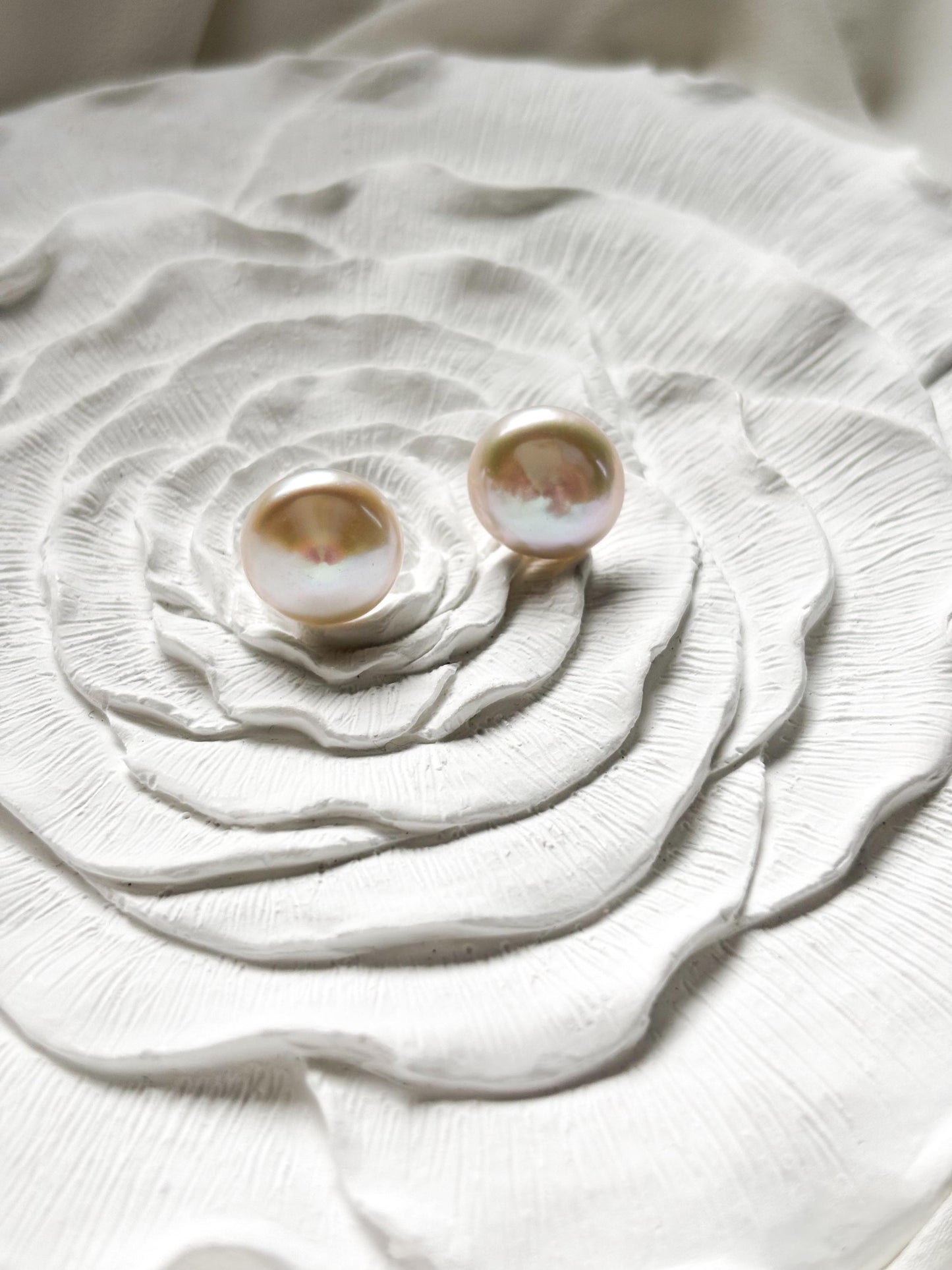 Iridescent Whisper – White Baroque Button Pearl Earrings