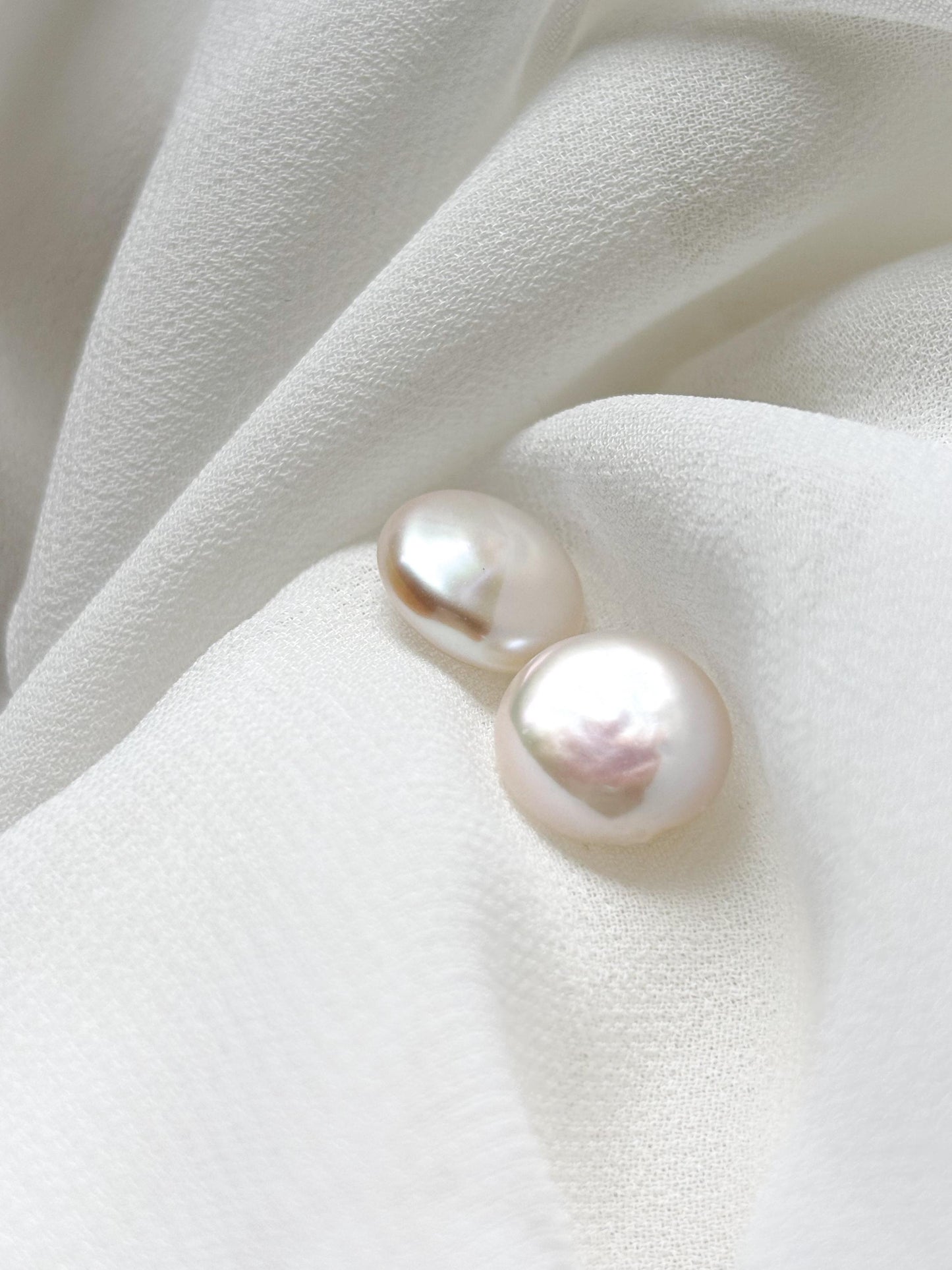 Iridescent Whisper – White Baroque Button Pearl Earrings