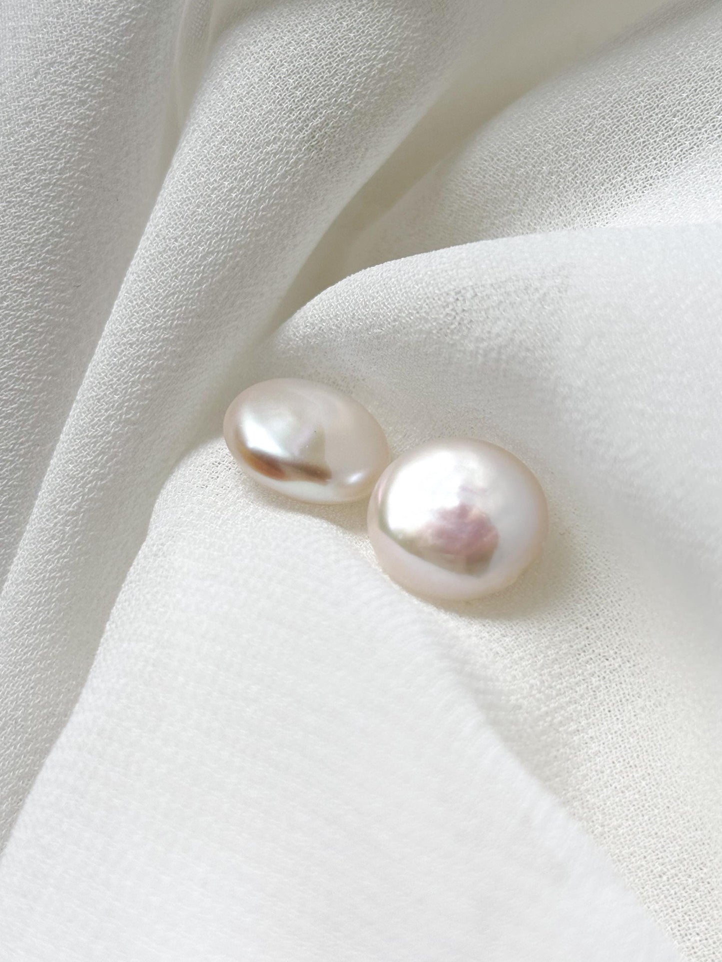 Iridescent Whisper – White Baroque Button Pearl Earrings