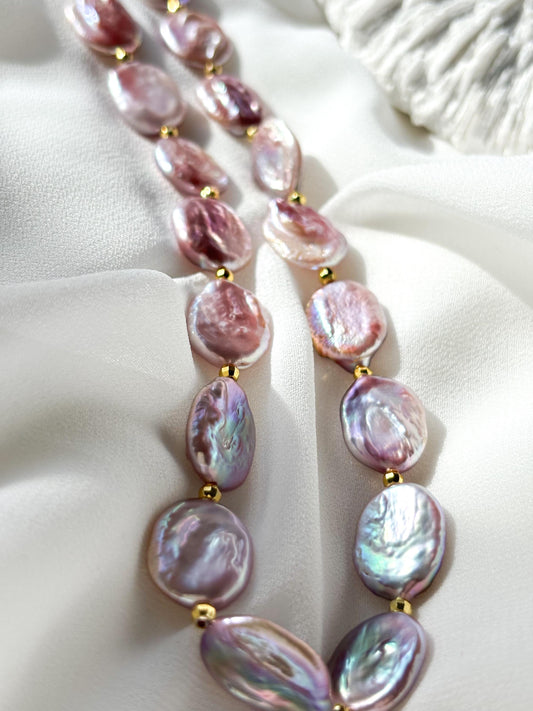 Twilight Aura – Purple Baroque Coin Pearl Necklace with Gold Accents