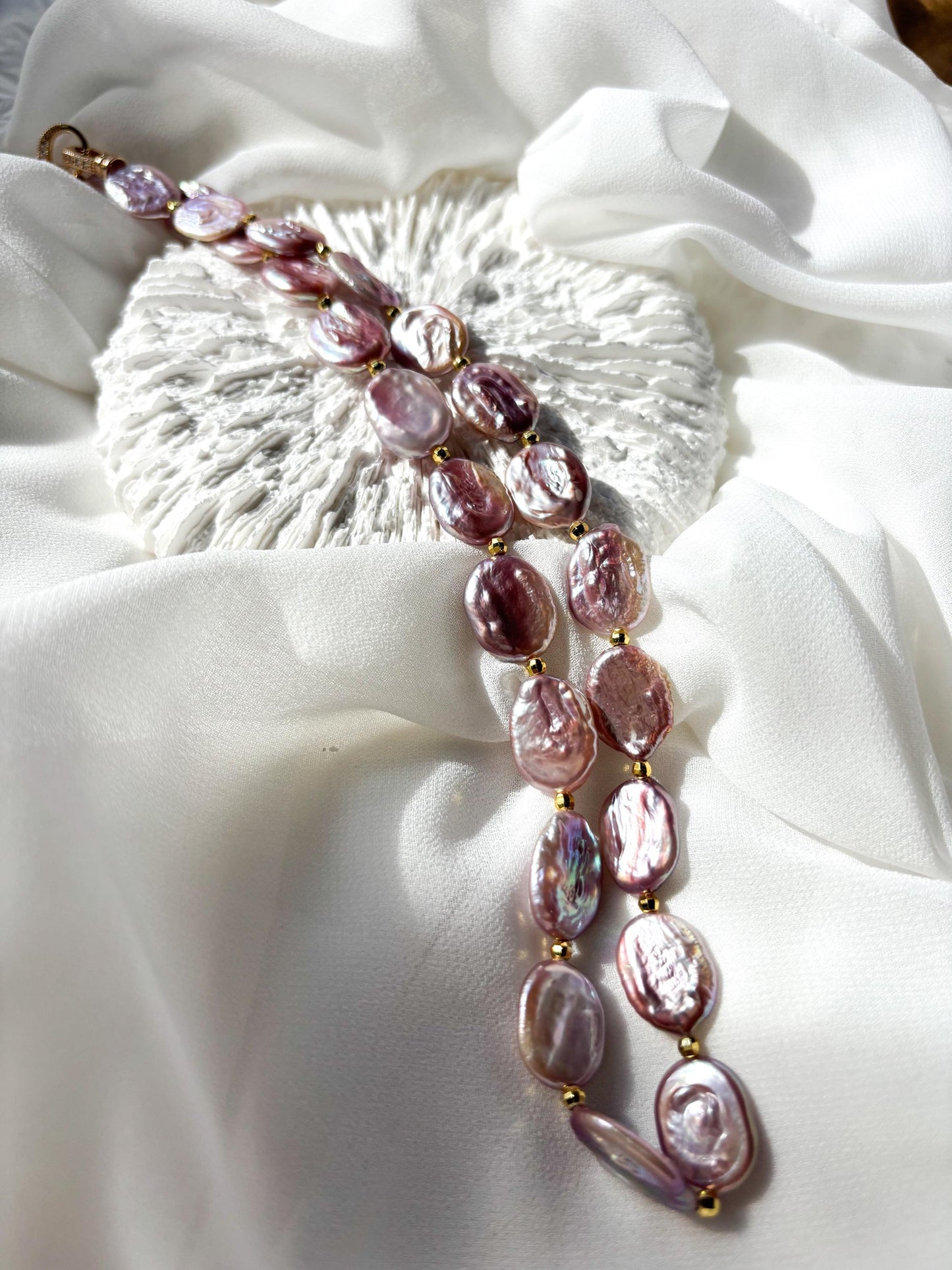 Twilight Aura – Purple Baroque Coin Pearl Necklace with Gold Accents