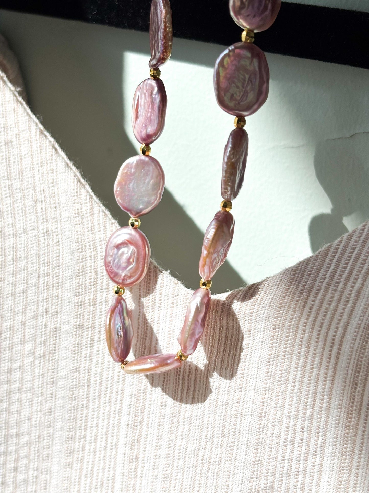 Twilight Aura – Purple Baroque Coin Pearl Necklace with Gold Accents