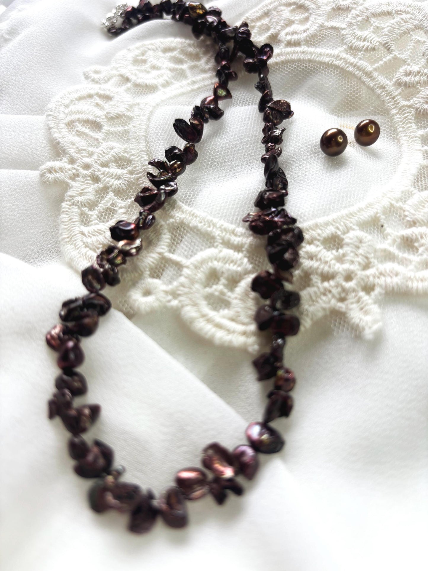 Golden Ember – Petal Pearl Necklace & Caramel Stud Earrings Set – For the One Who Glows with Warmth and Artful Grace