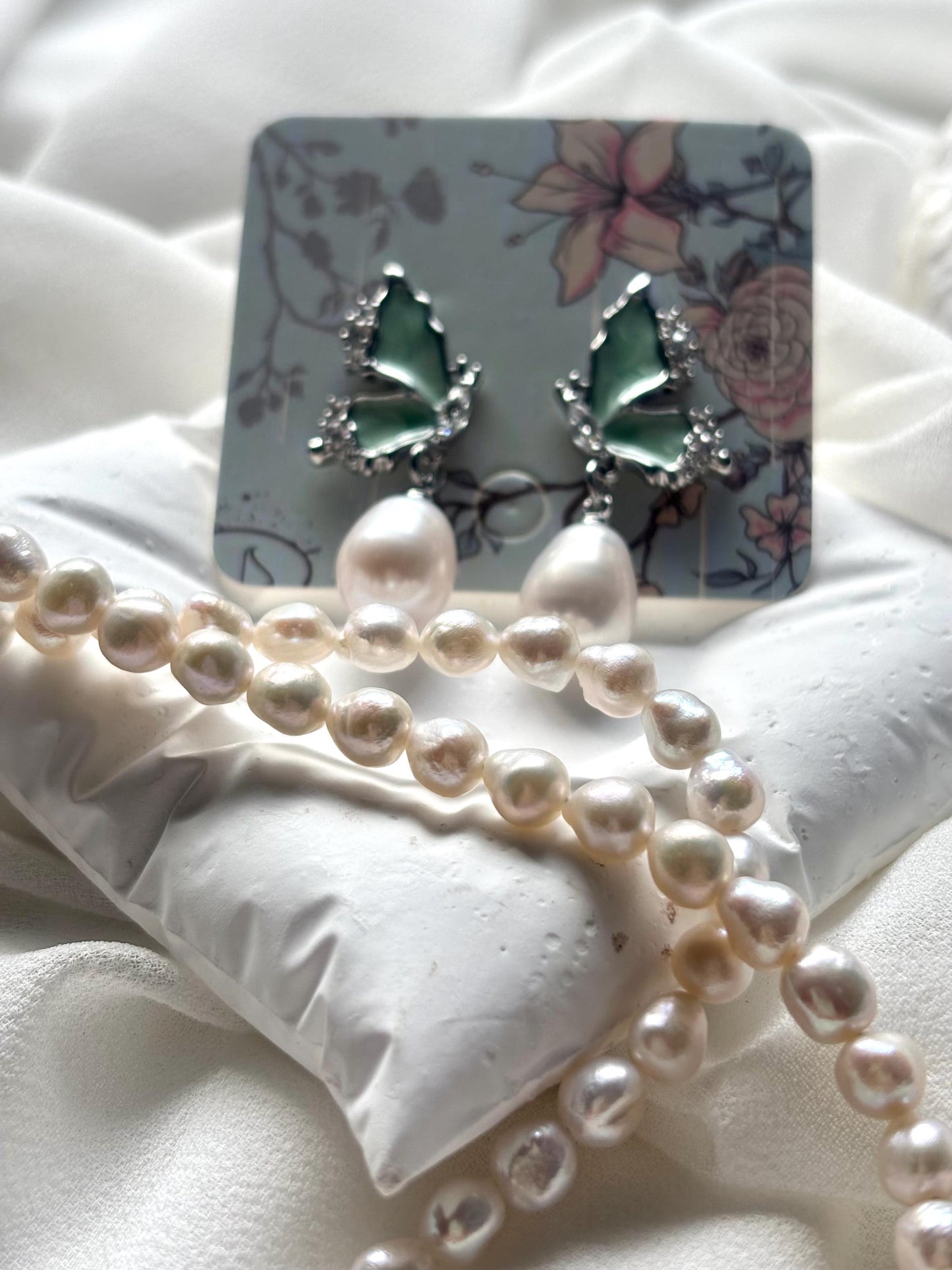 Whispers of Spring – Teardrop Pearl & Butterfly Earrings