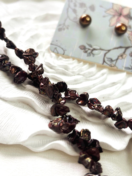 Golden Ember – Petal Pearl Necklace & Caramel Stud Earrings Set – For the One Who Glows with Warmth and Artful Grace