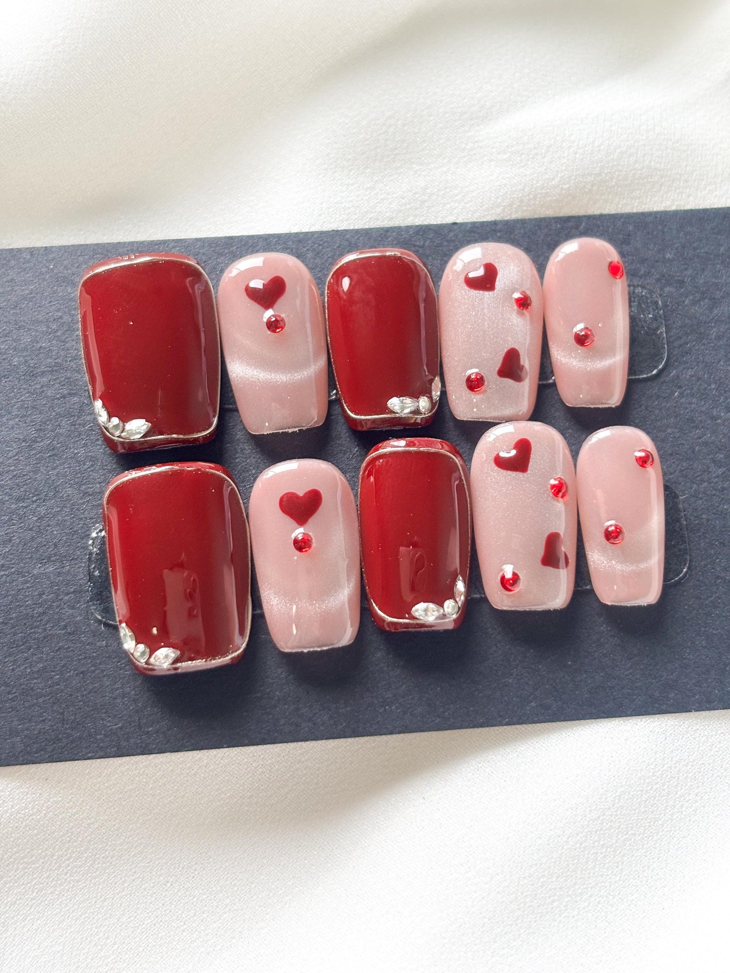 Crimson Crush – Red & Pink Press-On Nails with Zircons and Cat Eye Hearts | Valentine Vibe Glam Nails