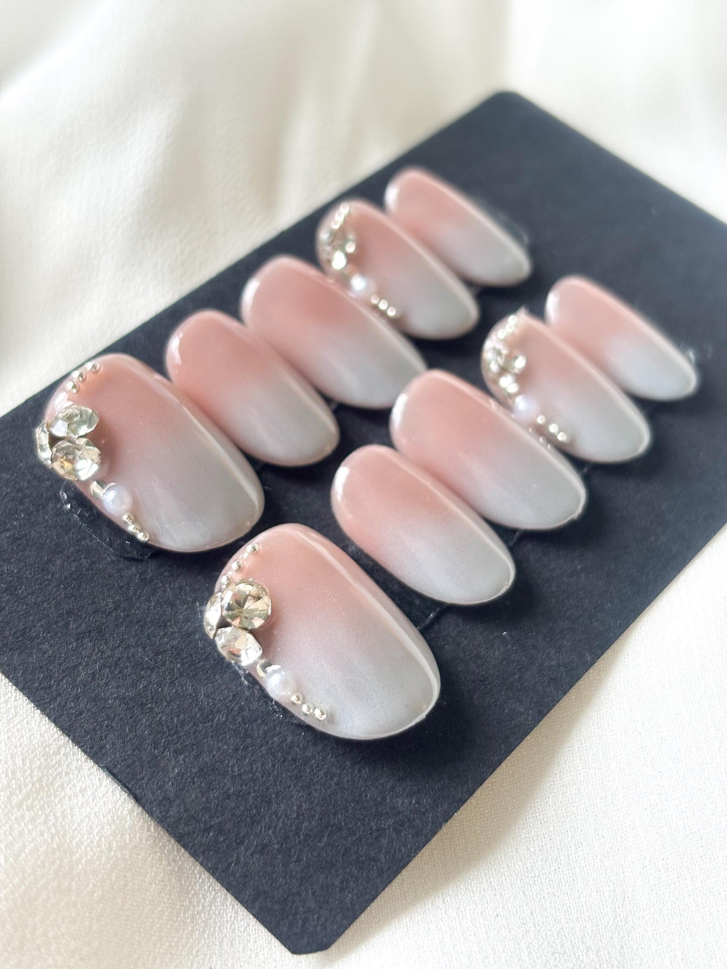 Timeless Veil – Elegant Grey-Blue & Light Pink Ombre Press-On Nails with Zircon Corners | Soft Reusable Gradient Nail Set