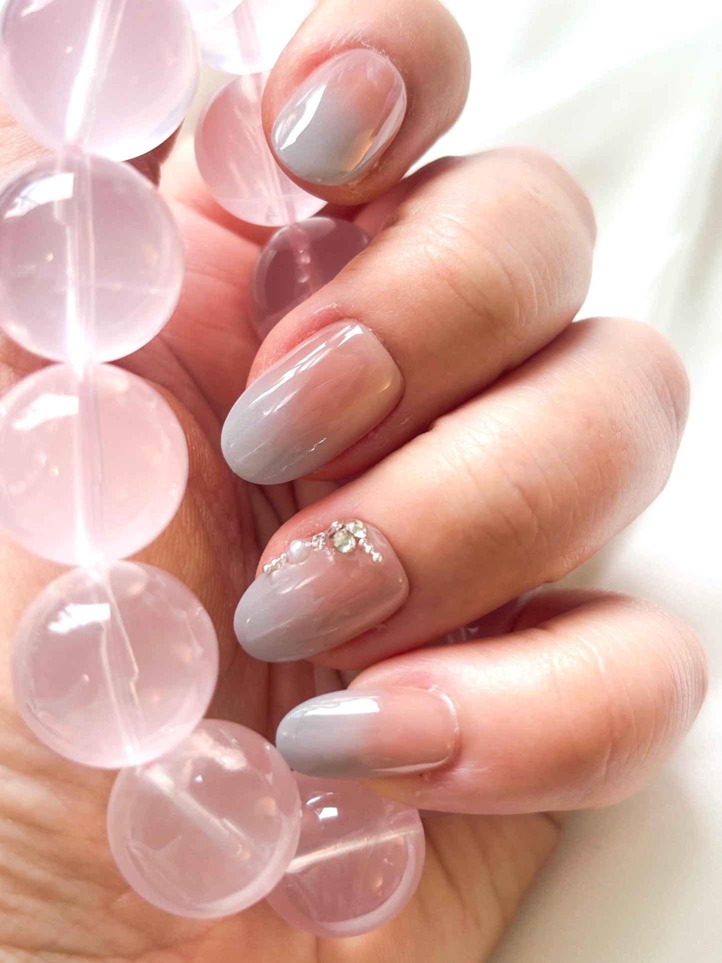 Timeless Veil – Elegant Grey-Blue & Light Pink Ombre Press-On Nails with Zircon Corners | Soft Reusable Gradient Nail Set