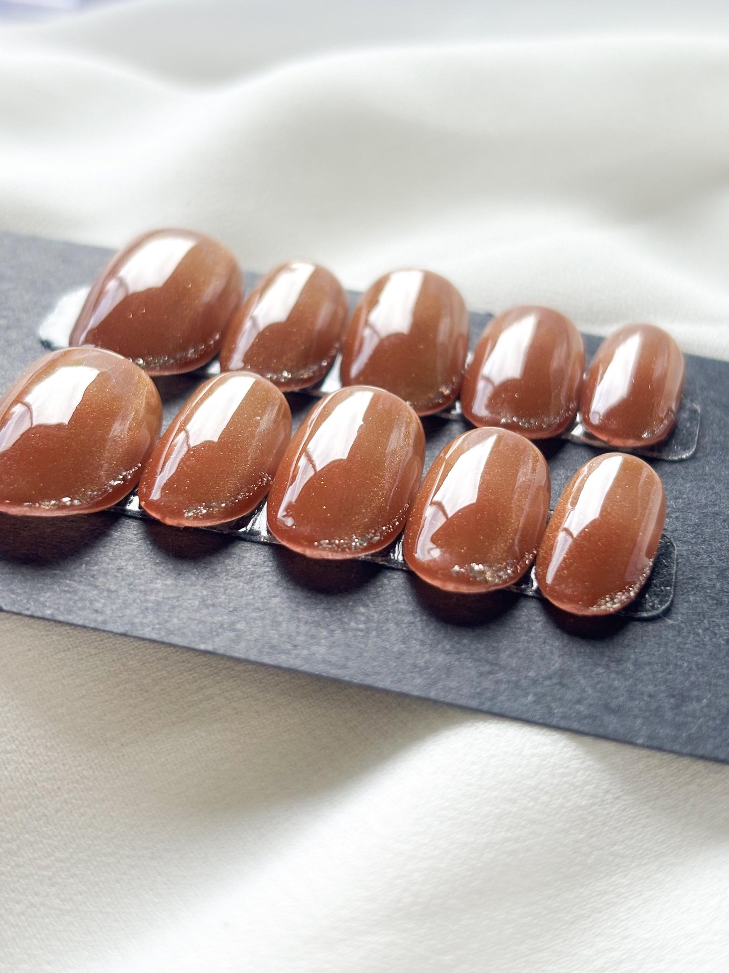 Golden Latte – Caramel Coffee Press-On Nails with Glitter Tips | Reusable Elegant