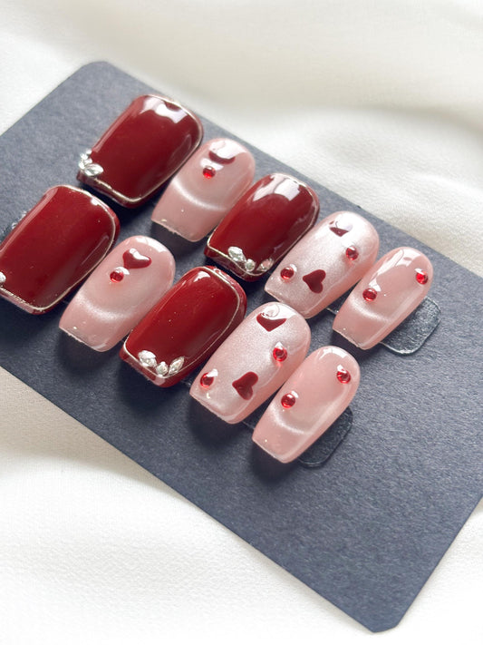 Crimson Crush – Red & Pink Press-On Nails with Zircons and Cat Eye Hearts | Valentine Vibe Glam Nails