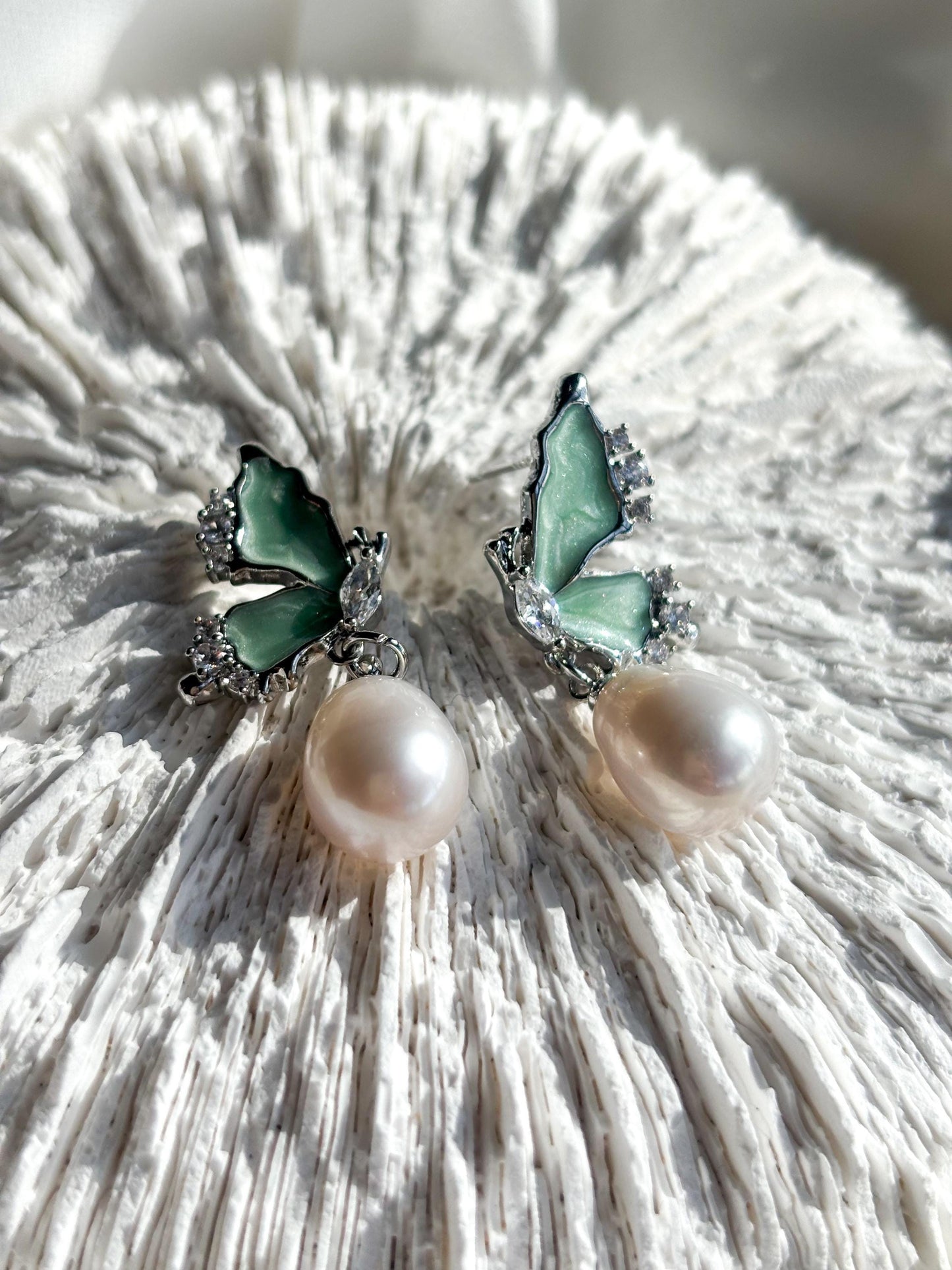 Whispers of Spring – Teardrop Pearl & Butterfly Earrings