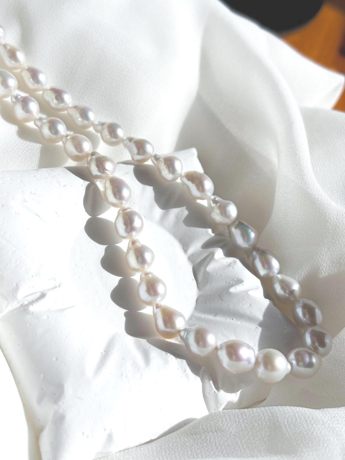 Moonlit Dew - White Baroque Teardrop Pearl Necklace (AAA Luster)
