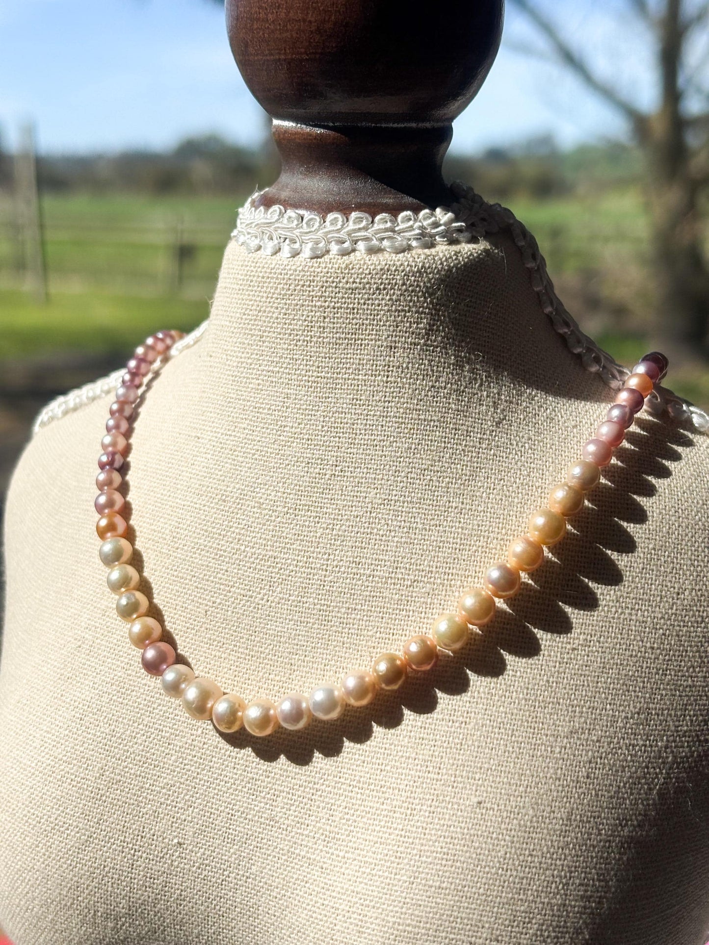 Peach Blossom Mist – Champagne Peach & Lavender Freshwater Pearl Necklace
