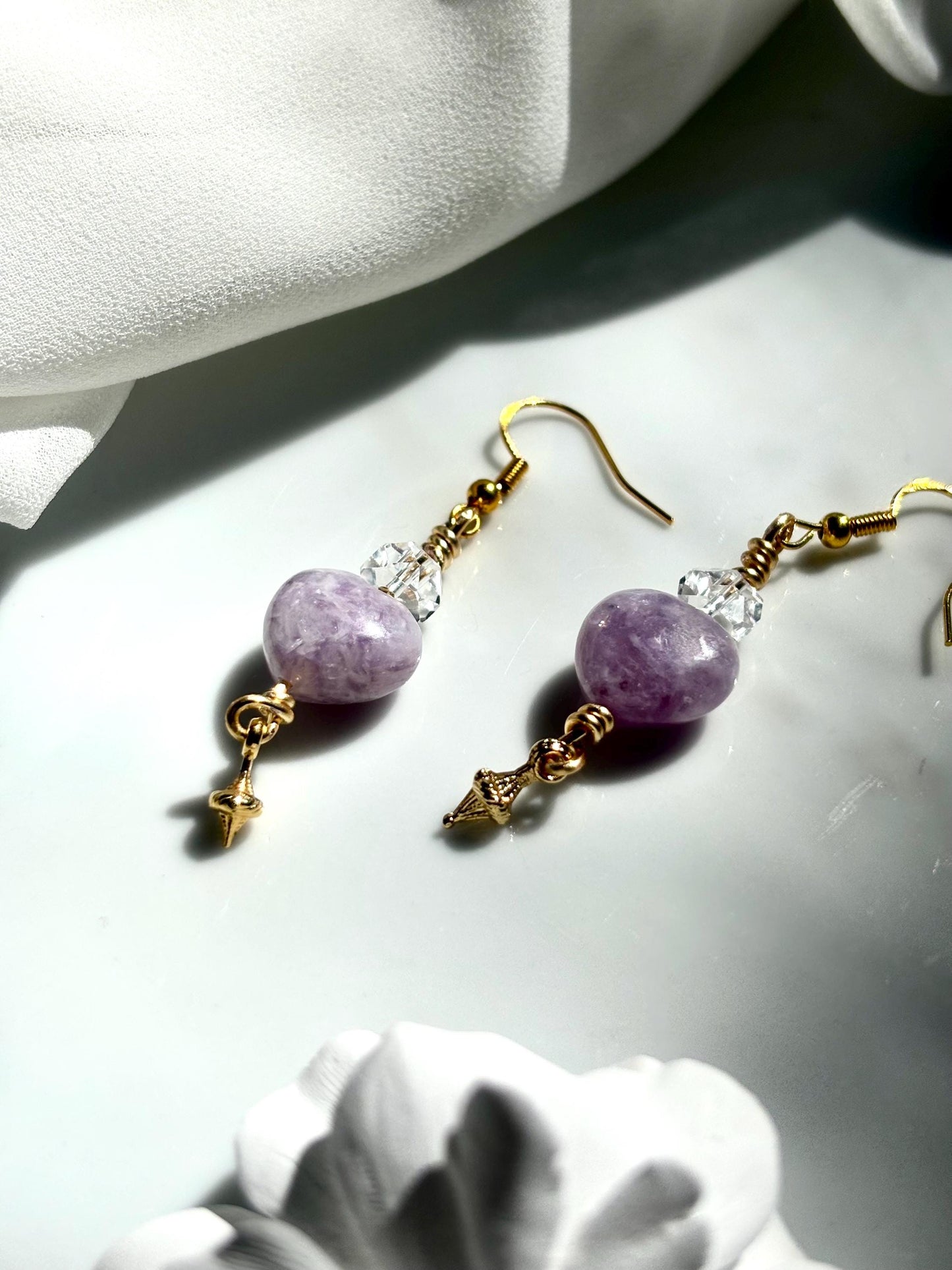 Lepidolite Heart Calm - Lepidolite & Clear Quartz Drop Earrings