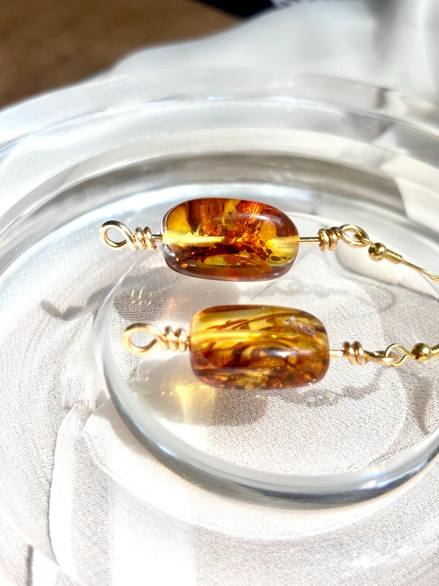 Elegant Chunky Natural Amber Dangling Gold-Plated 925 Sterling Silver Wire Earrings