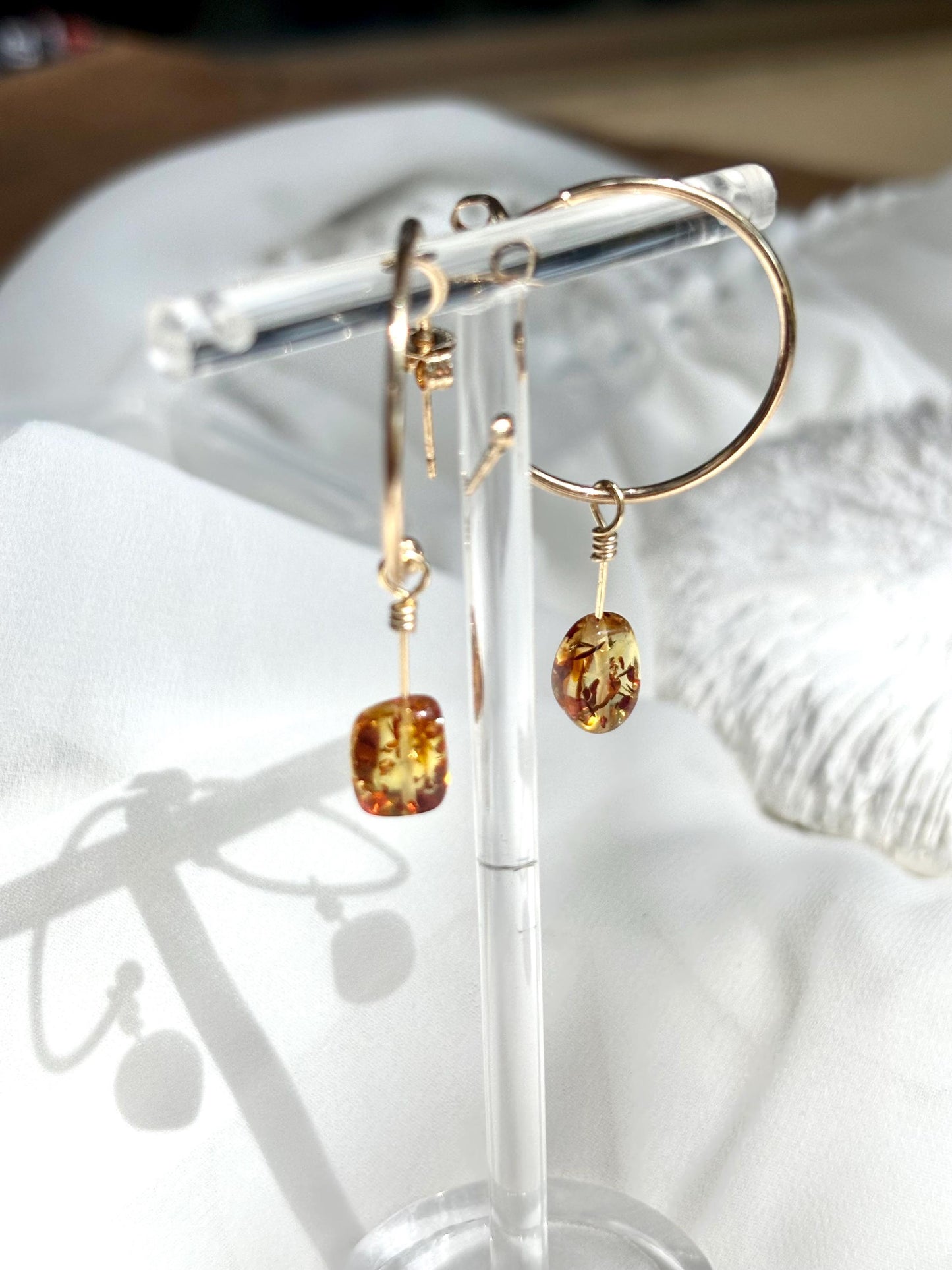 Golden Glow - Natural Floating Flower Amber Hoop Earrings