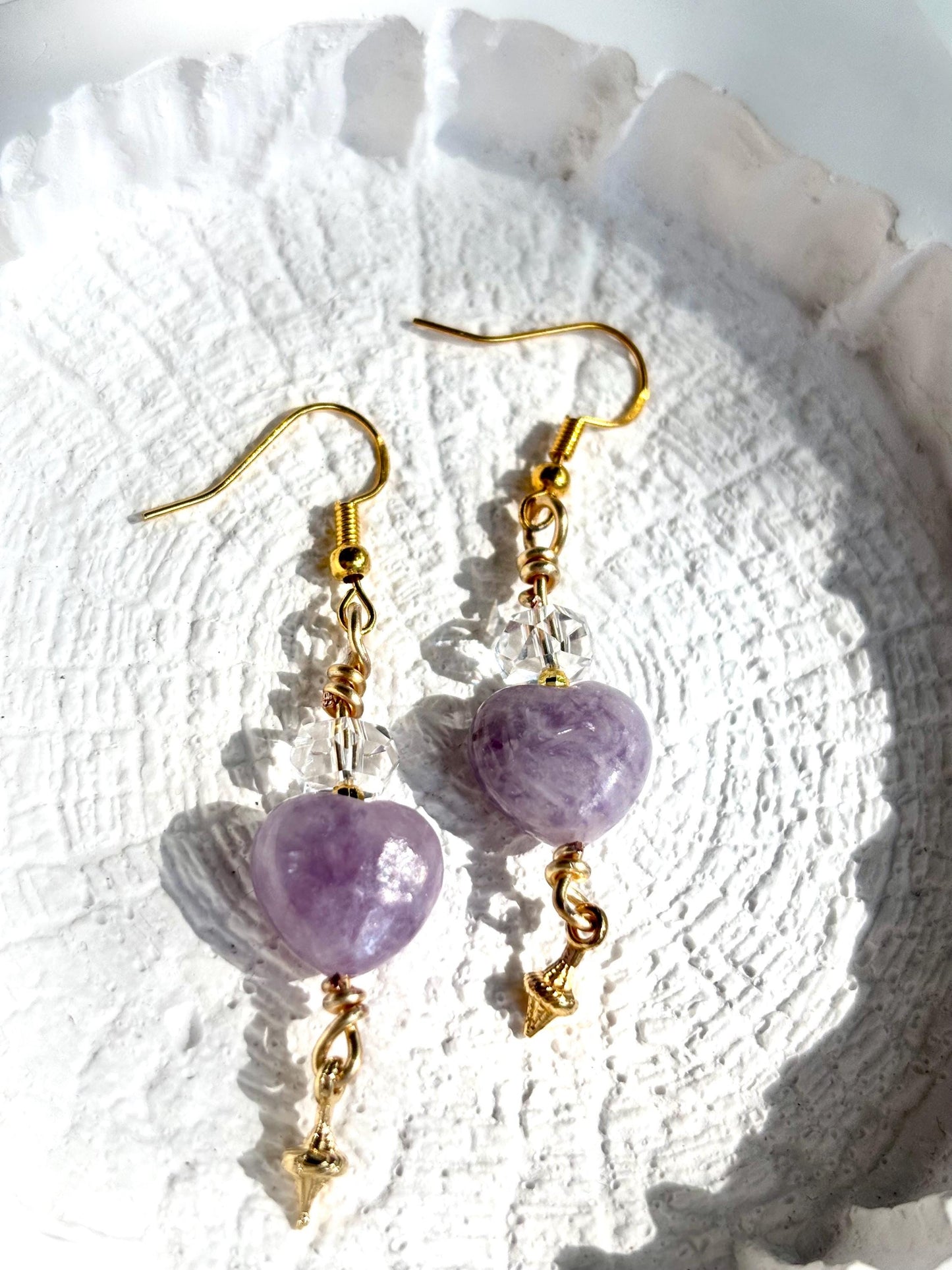 Lepidolite Heart Calm - Lepidolite & Clear Quartz Drop Earrings