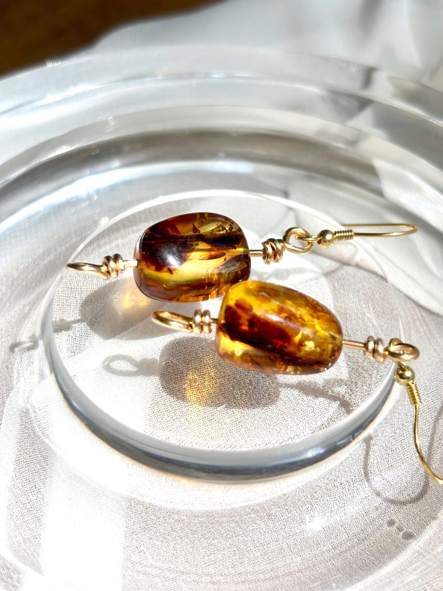 Elegant Chunky Natural Amber Dangling Gold-Plated 925 Sterling Silver Wire Earrings