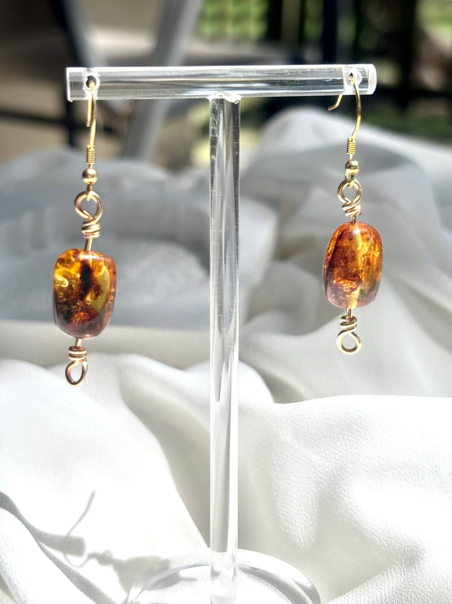 Elegant Chunky Natural Amber Dangling Gold-Plated 925 Sterling Silver Wire Earrings