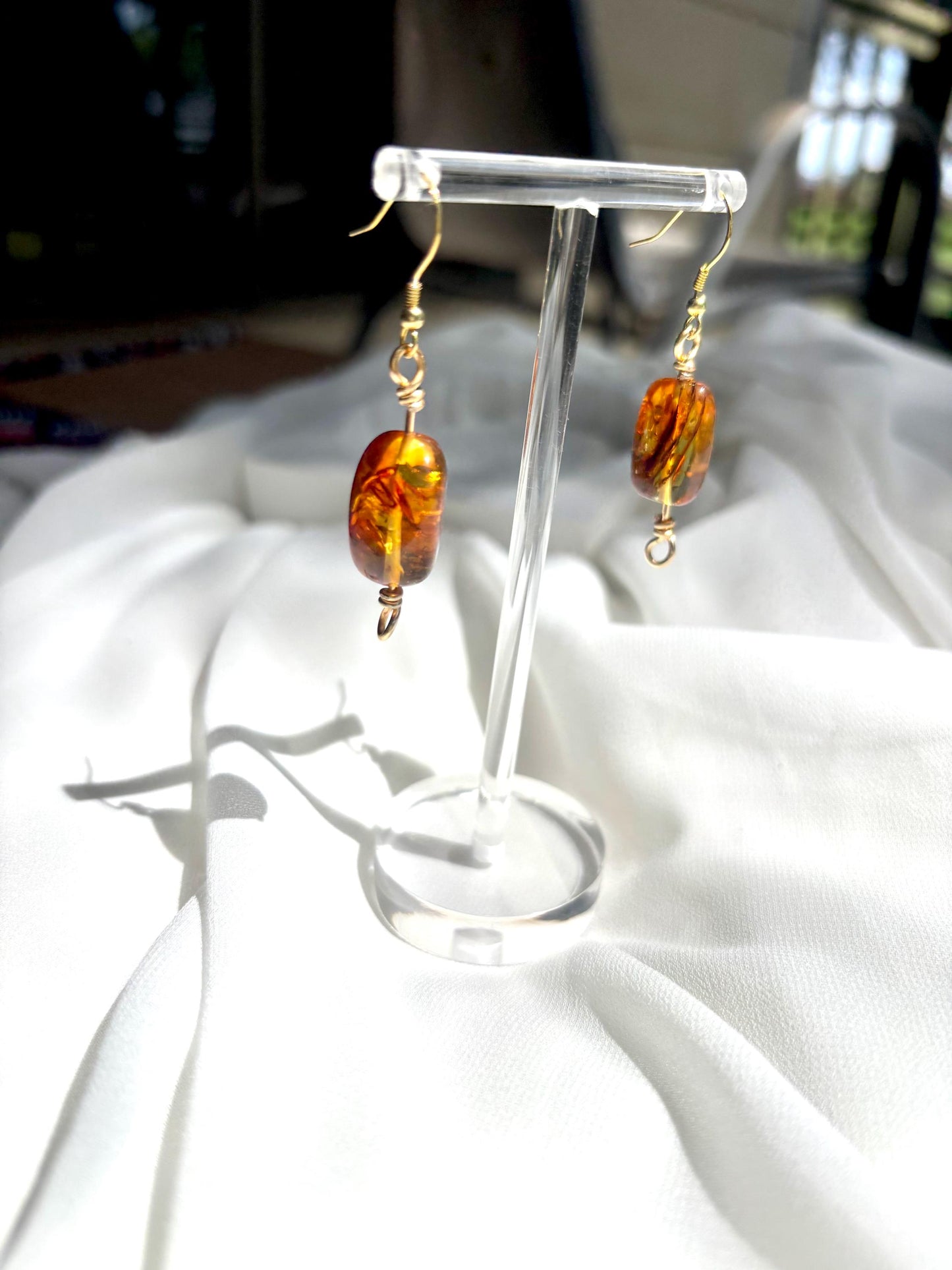 Elegant Chunky Natural Amber Dangling Gold-Plated 925 Sterling Silver Wire Earrings