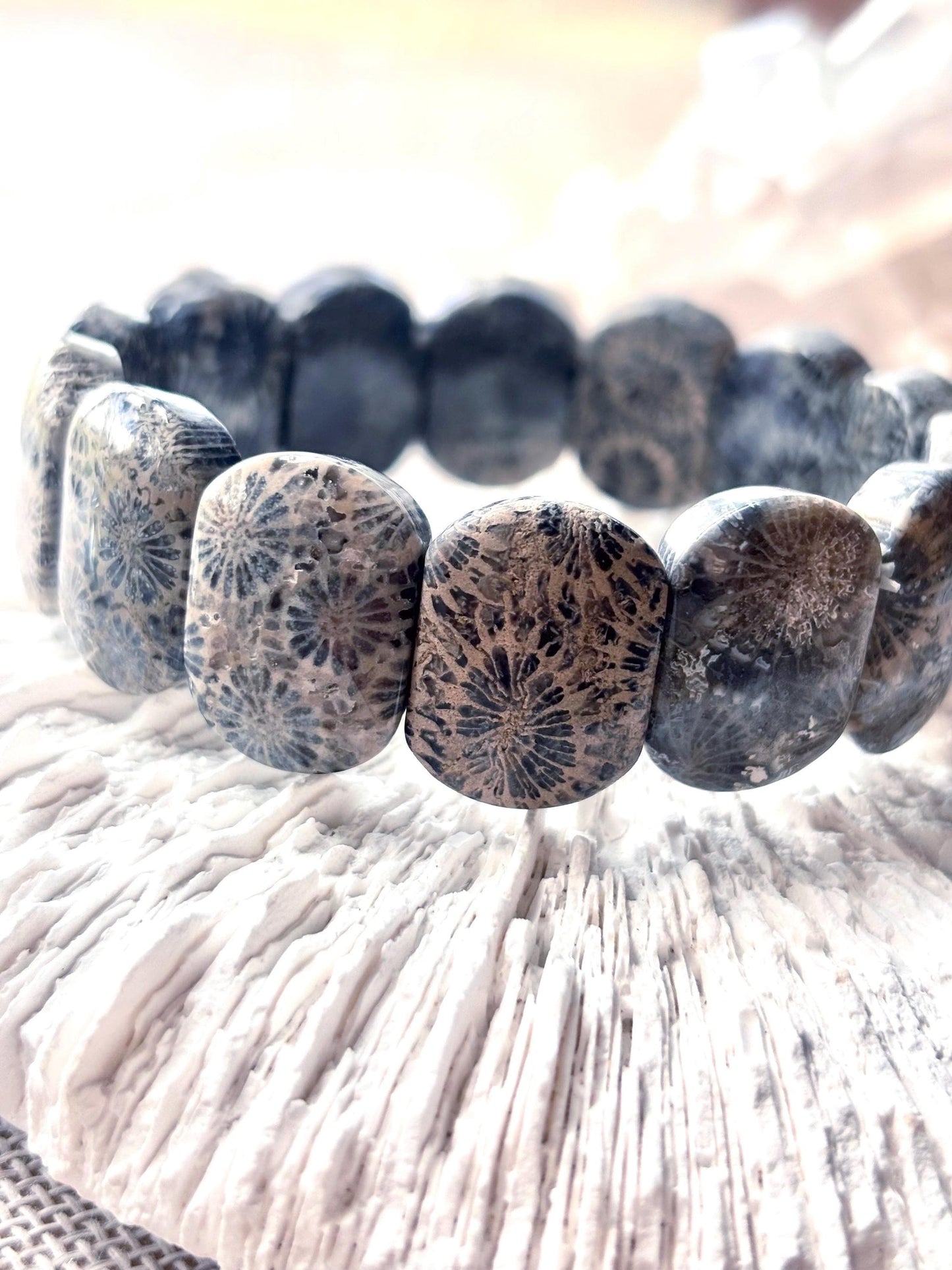 Earth’s Timeless Bloom - Charcoal Fossil Coral Daisy Bracelet