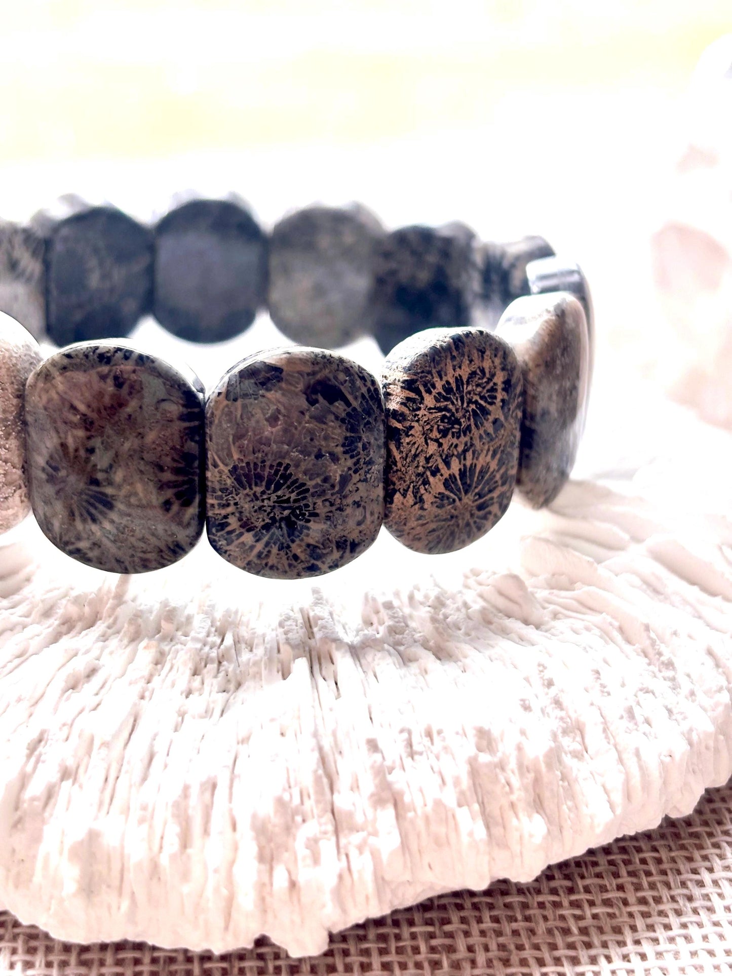 Earth’s Timeless Bloom - Charcoal Fossil Coral Daisy Bracelet