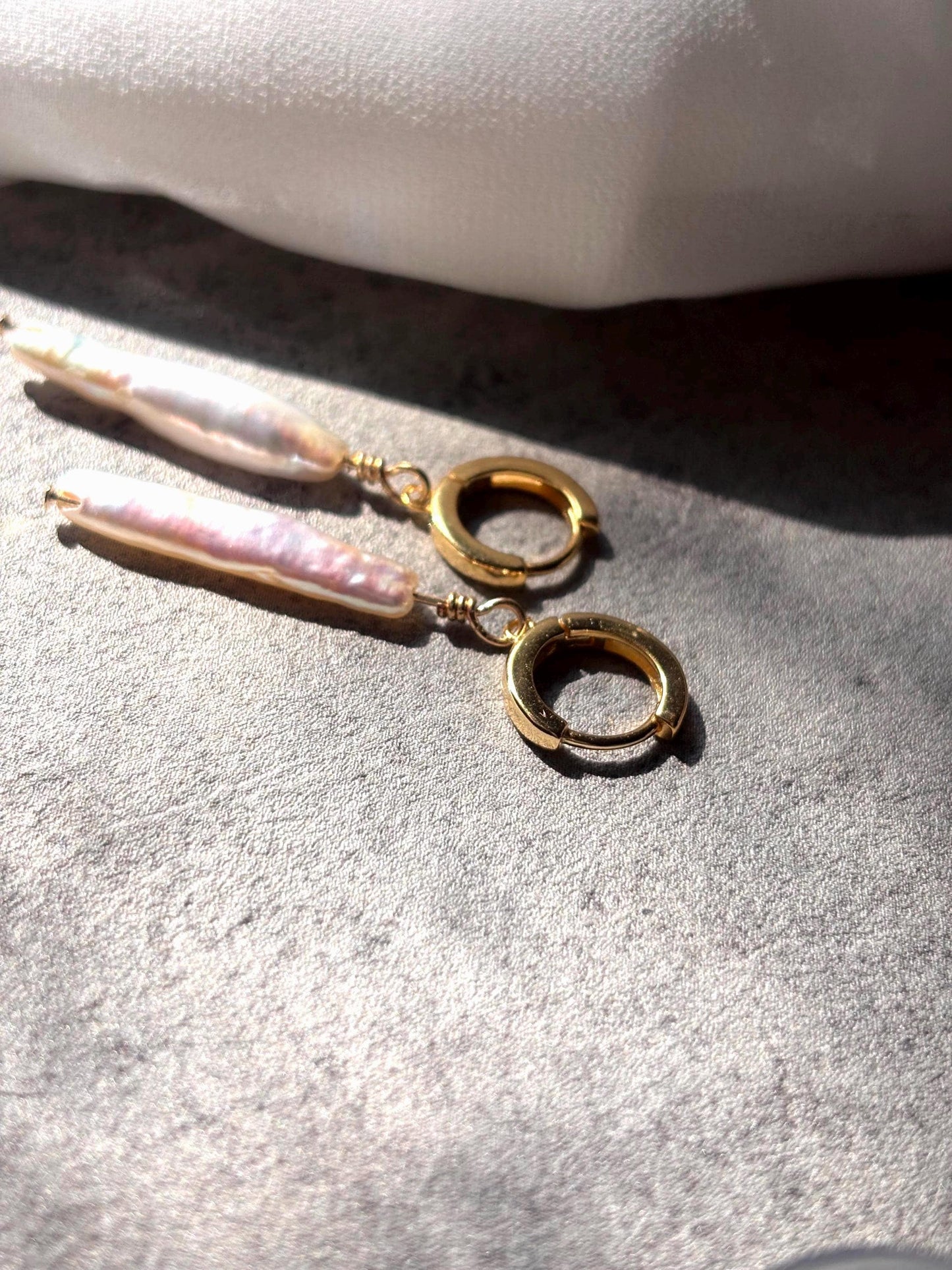 Tidal Whisper - Baroque Stick Pearl Huggie Earrings