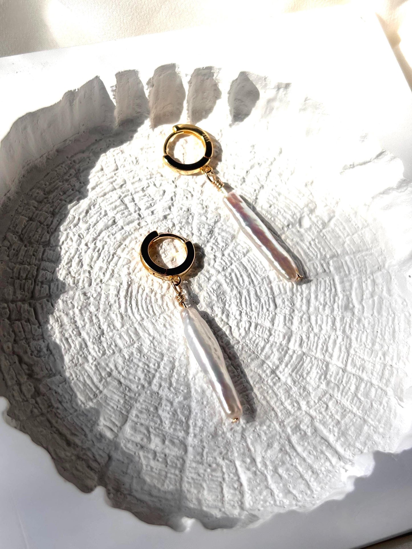 Tidal Whisper - Baroque Stick Pearl Huggie Earrings