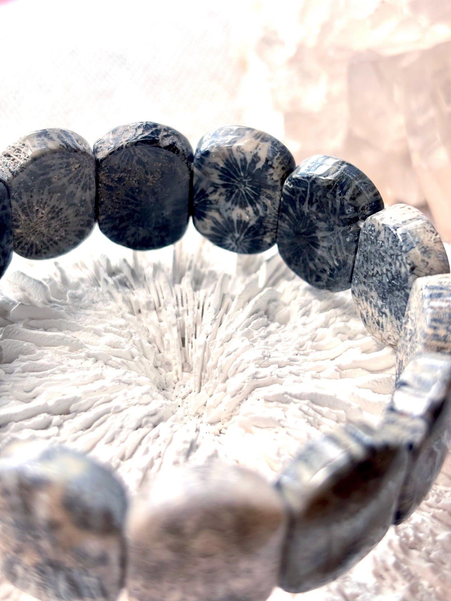 Earth’s Timeless Bloom - Charcoal Fossil Coral Daisy Bracelet