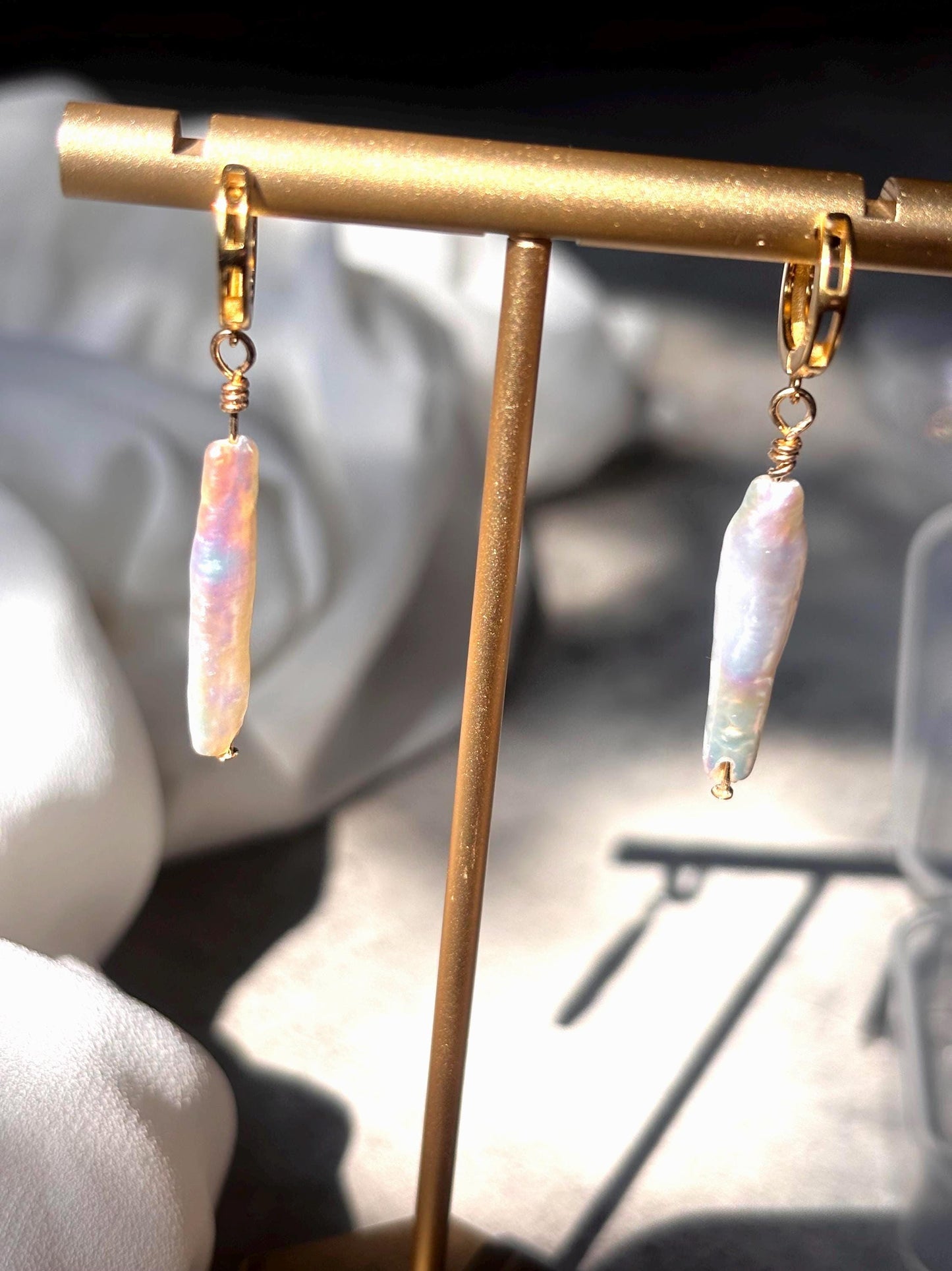 Tidal Whisper - Baroque Stick Pearl Huggie Earrings