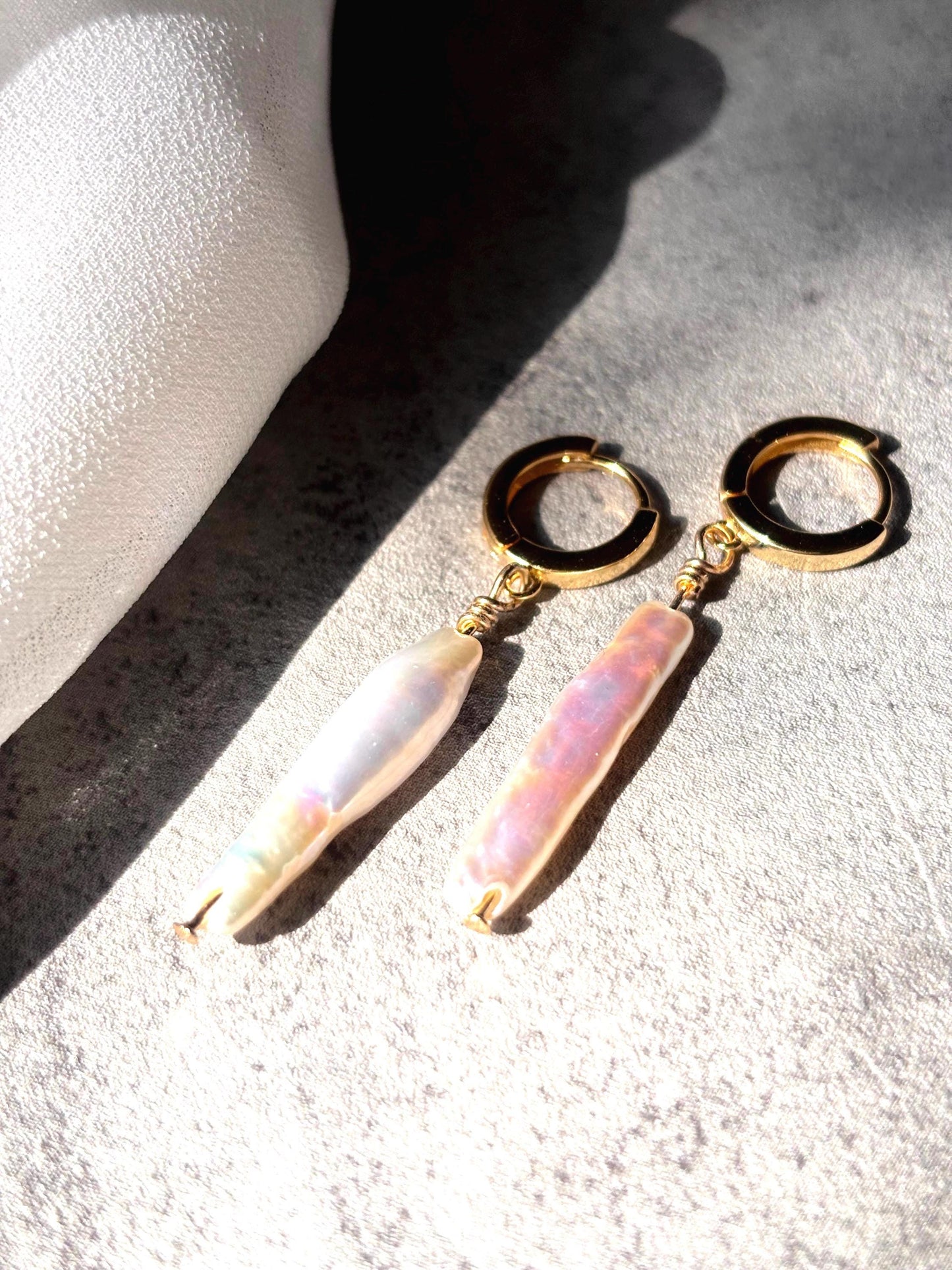 Tidal Whisper - Baroque Stick Pearl Huggie Earrings