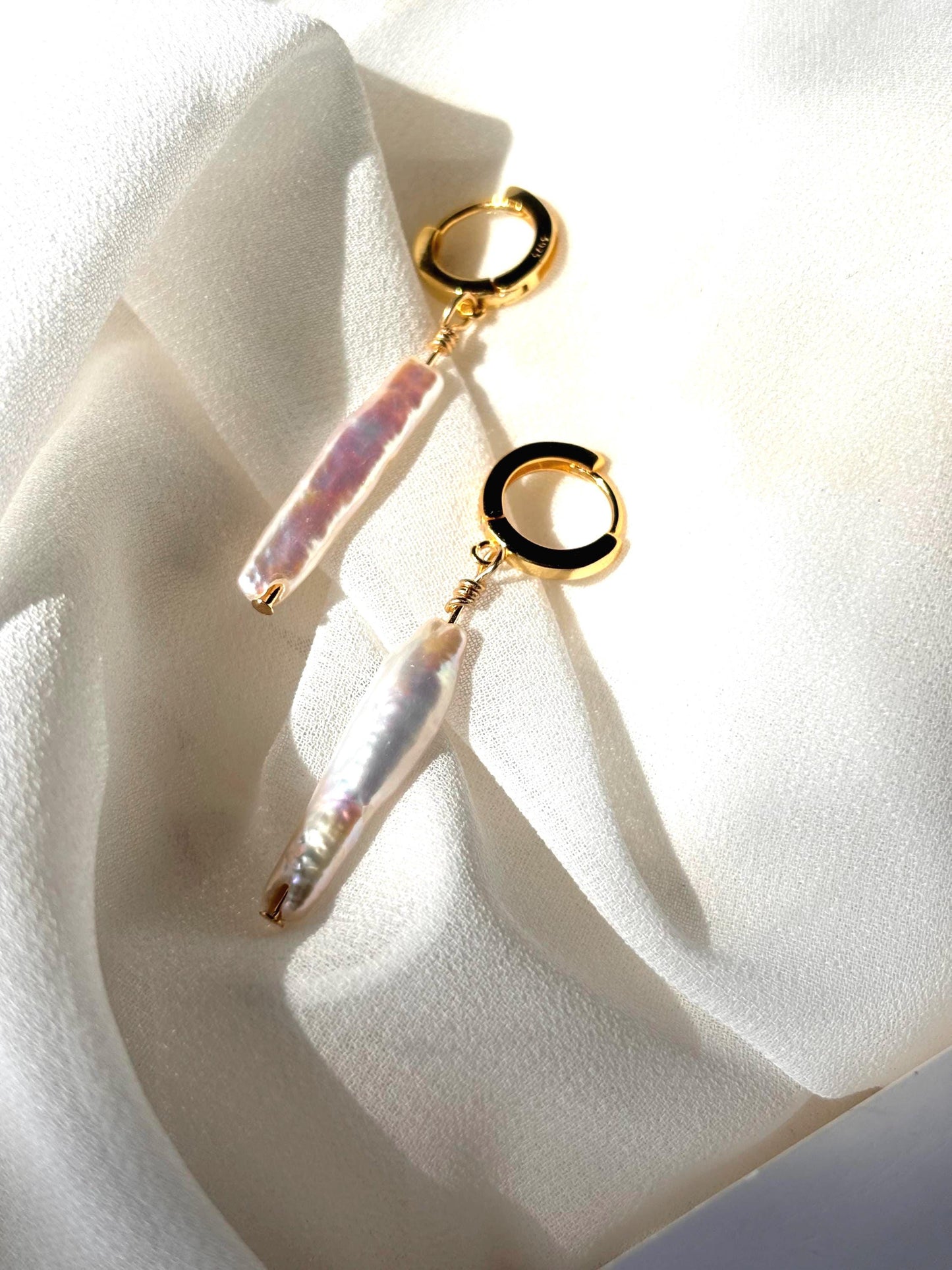 Tidal Whisper - Baroque Stick Pearl Huggie Earrings
