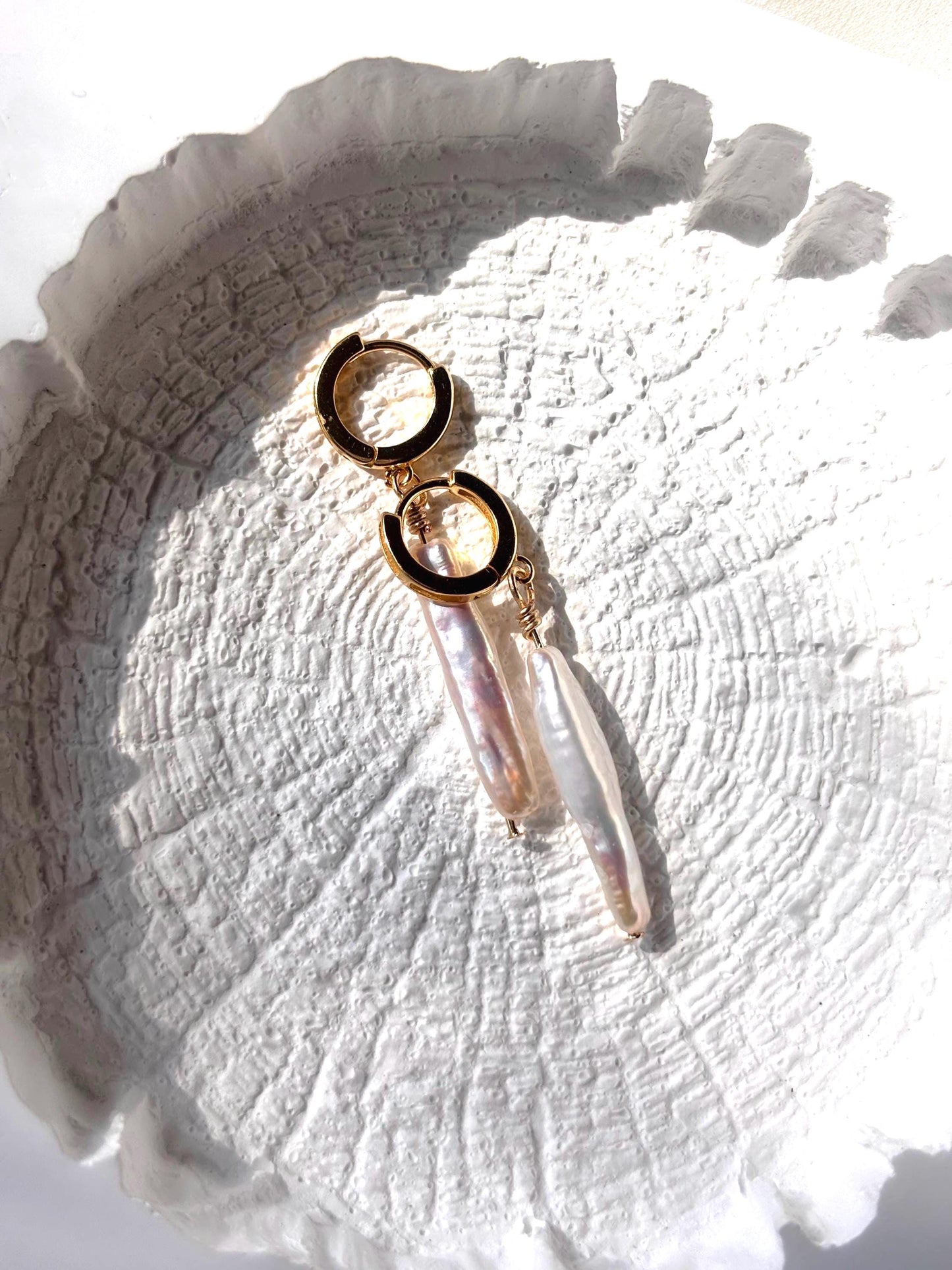 Tidal Whisper - Baroque Stick Pearl Huggie Earrings