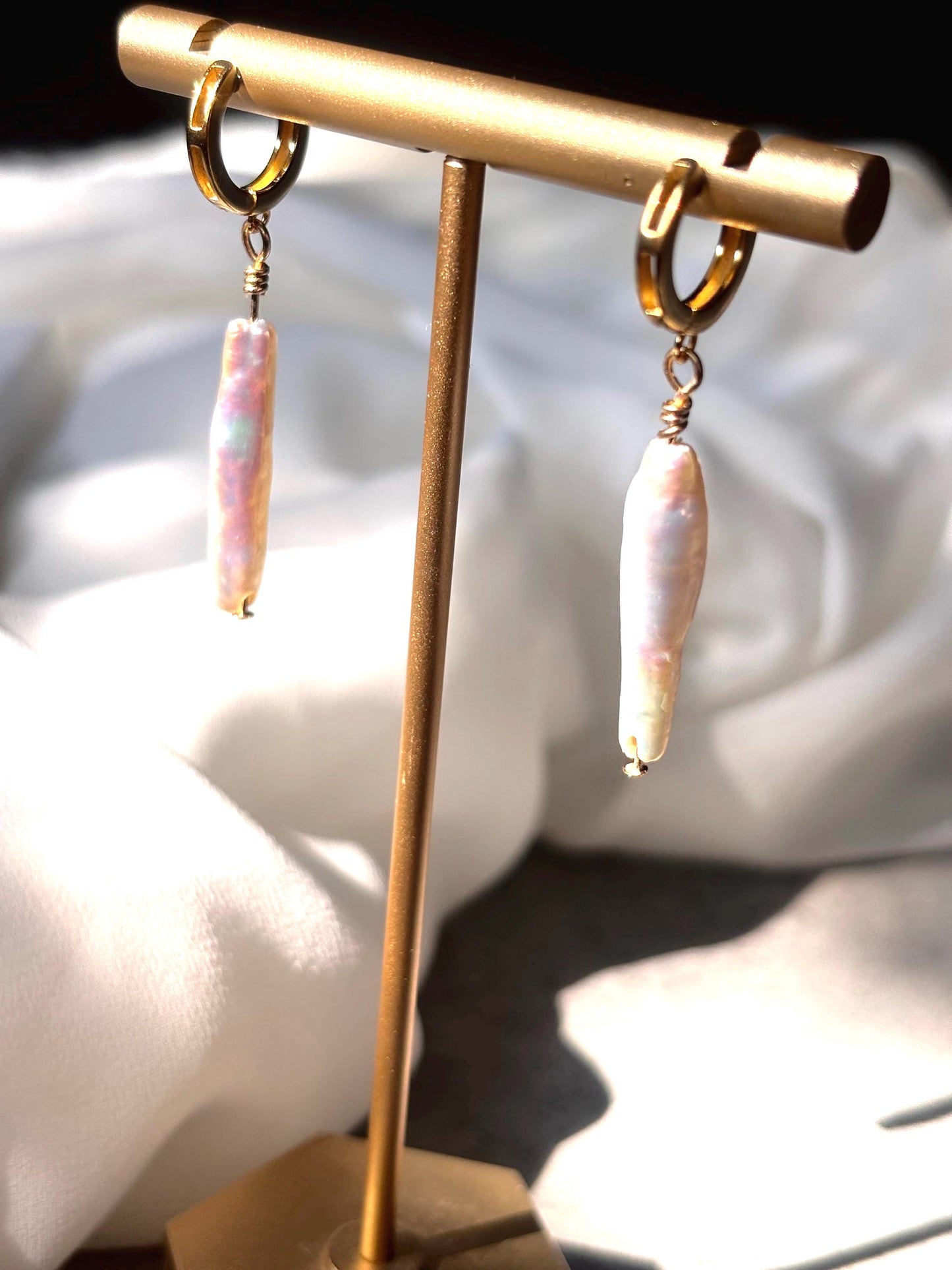Tidal Whisper - Baroque Stick Pearl Huggie Earrings
