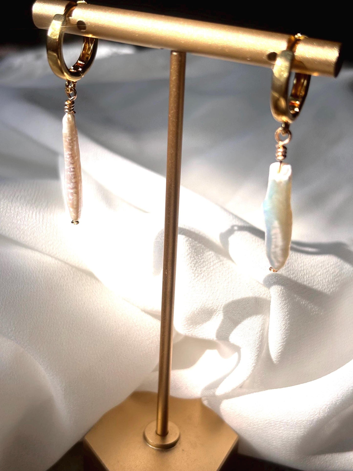 Tidal Whisper - Baroque Stick Pearl Huggie Earrings