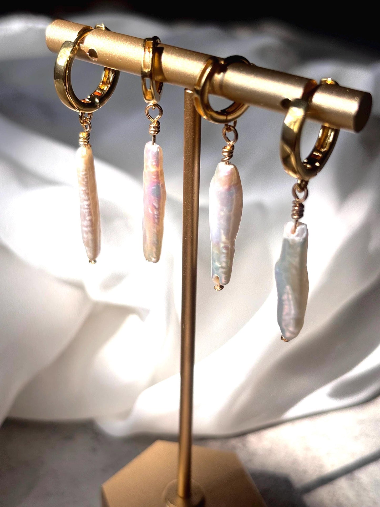 Tidal Whisper - Baroque Stick Pearl Huggie Earrings