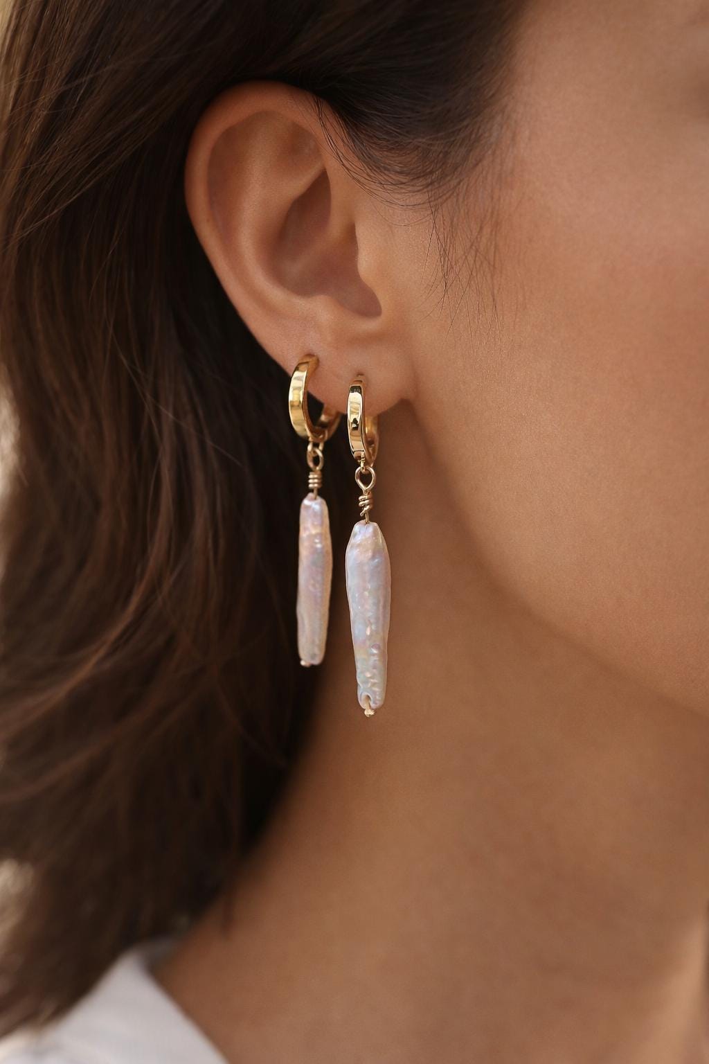 Tidal Whisper - Baroque Stick Pearl Huggie Earrings