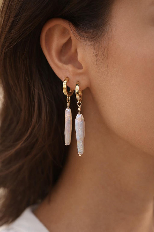 Tidal Whisper - Baroque Stick Pearl Huggie Earrings