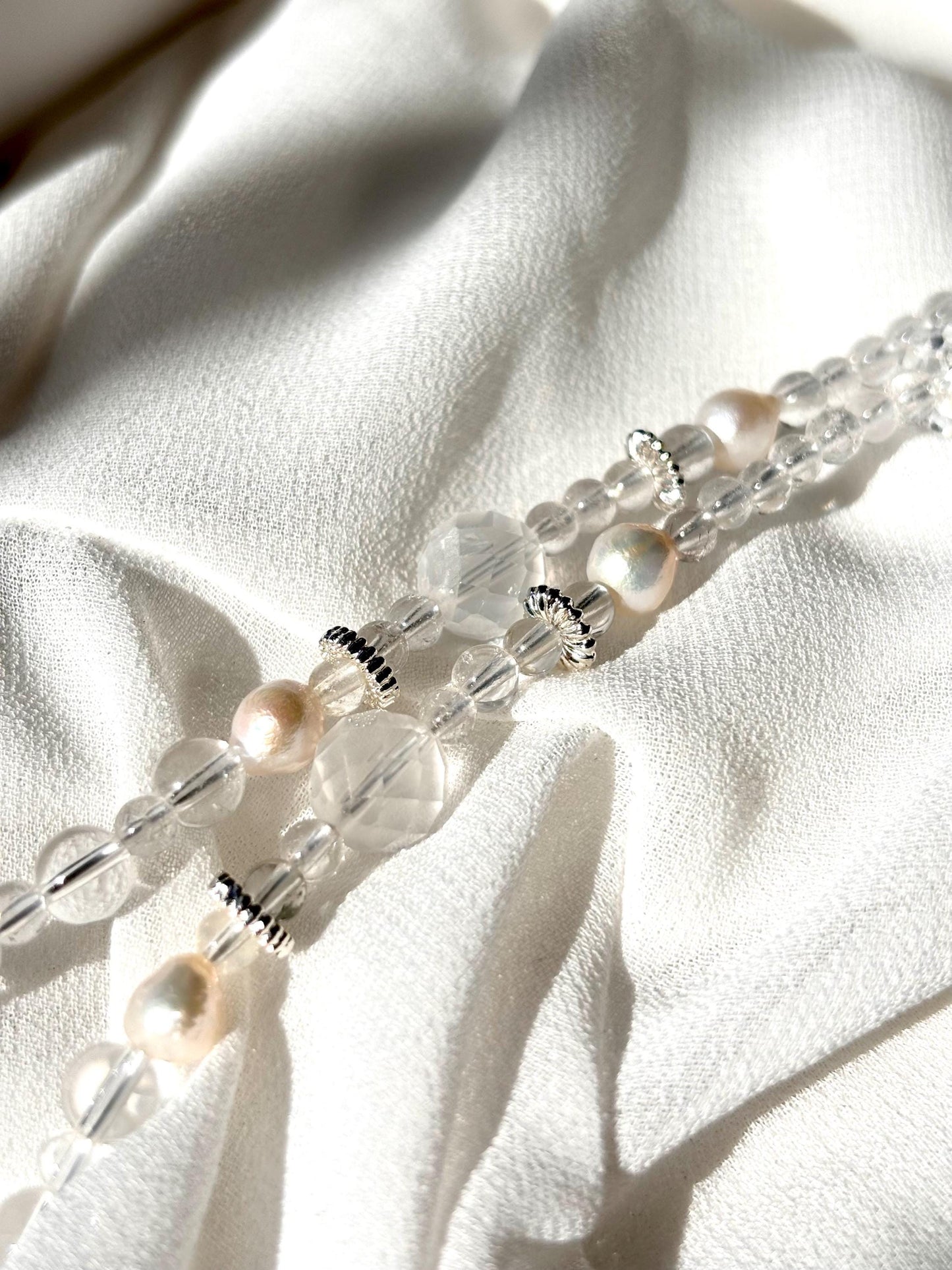 Lunareth - White Crystal Pearl Necklace | Freshwater Pearl Jewelry | Clear Quartz Spiritual Necklace | Elegant Healing Jewelry Gift
