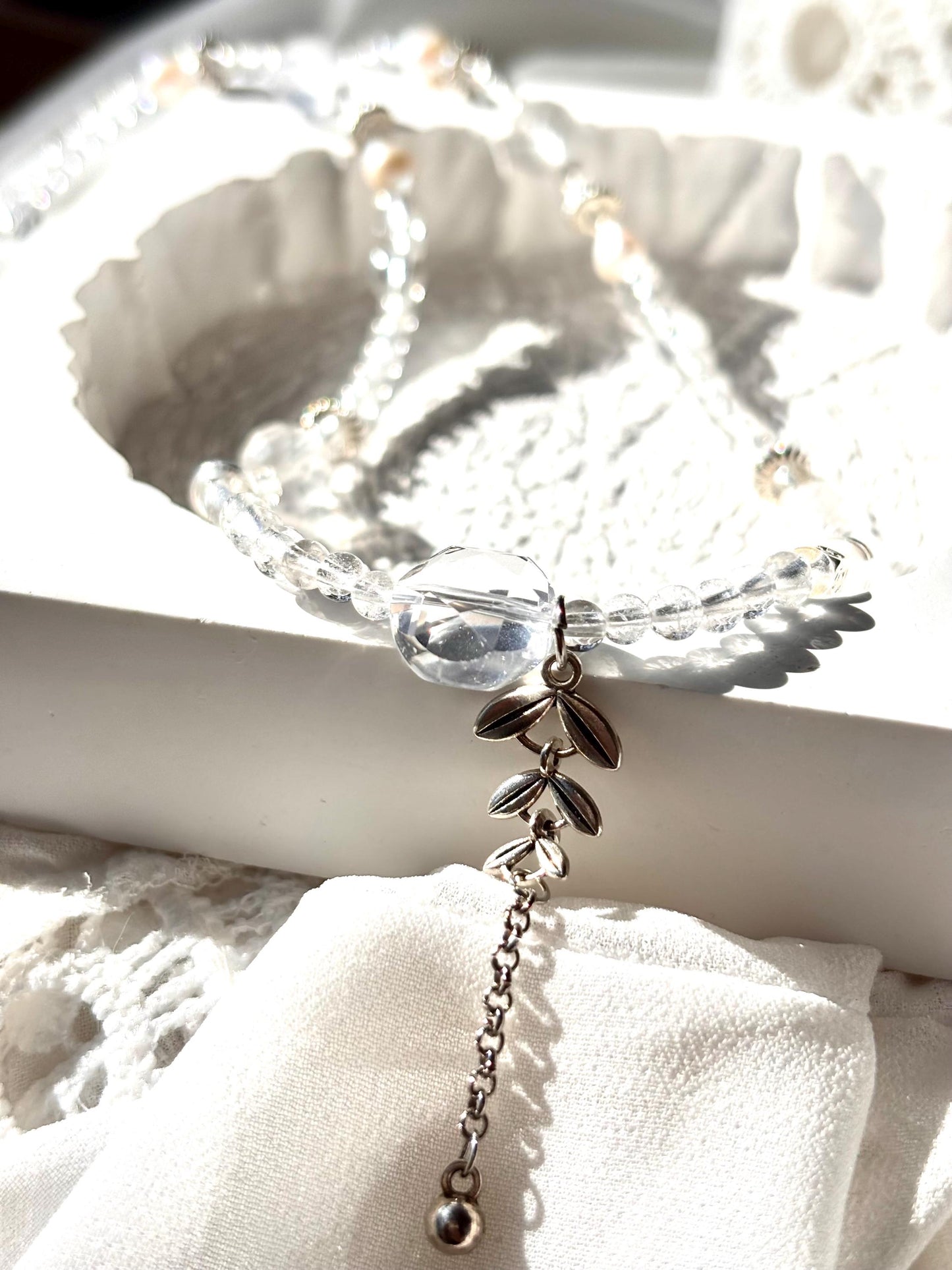 Lunareth - White Crystal Pearl Necklace | Freshwater Pearl Jewelry | Clear Quartz Spiritual Necklace | Elegant Healing Jewelry Gift