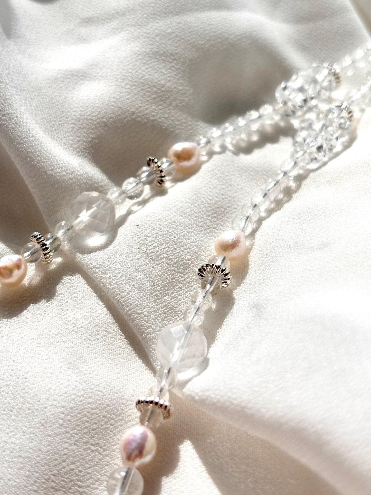 Lunareth - White Crystal Pearl Necklace | Freshwater Pearl Jewelry | Clear Quartz Spiritual Necklace | Elegant Healing Jewelry Gift