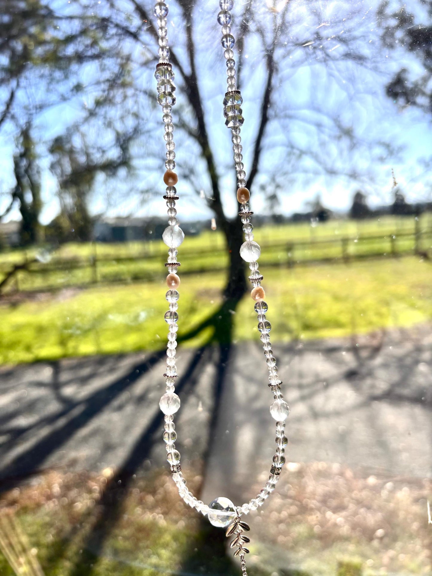 Lunareth - White Crystal Pearl Necklace | Freshwater Pearl Jewelry | Clear Quartz Spiritual Necklace | Elegant Healing Jewelry Gift