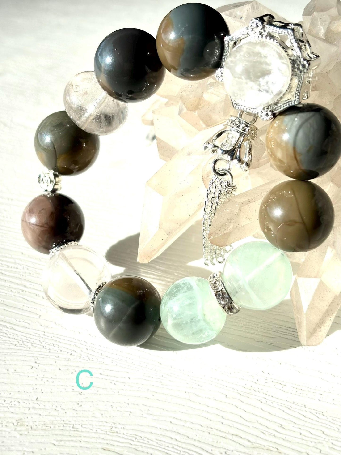 Forest Elf Crystal Bracelet | Alashan Agate & Green Fluorite Bracelet | Azeztulite Charm | Spiritual Healing Jewelry | Nature Inspired Gift