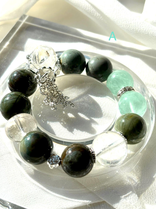 Forest Elf Crystal Bracelet | Alashan Agate & Green Fluorite Bracelet | Azeztulite Charm | Spiritual Healing Jewelry | Nature Inspired Gift