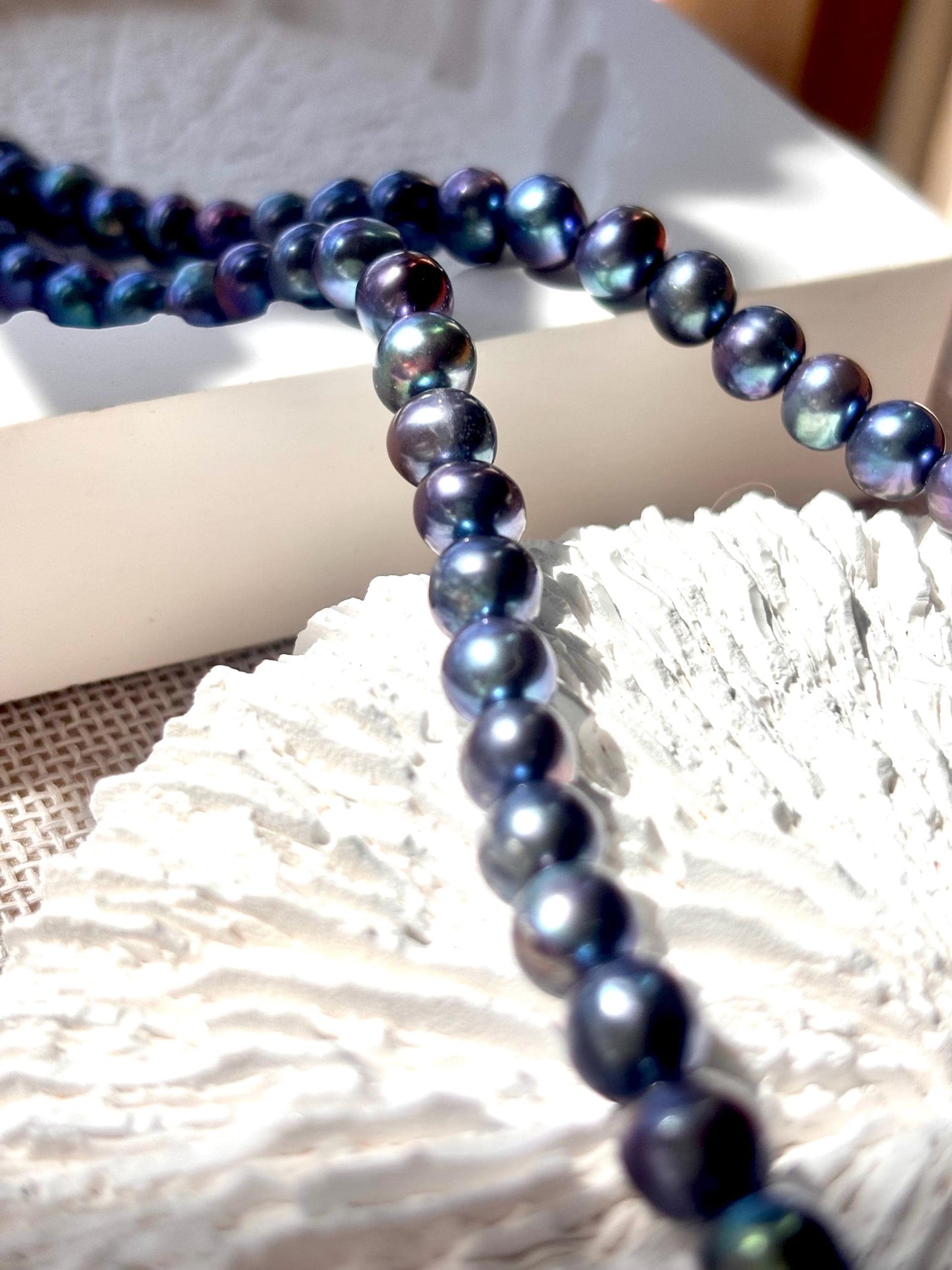 Midnight Tide – Peacock Blue Freshwater Pearl Necklace | Natural Iridescent Pearls | Ocean Inspired Sterling Silver Choker