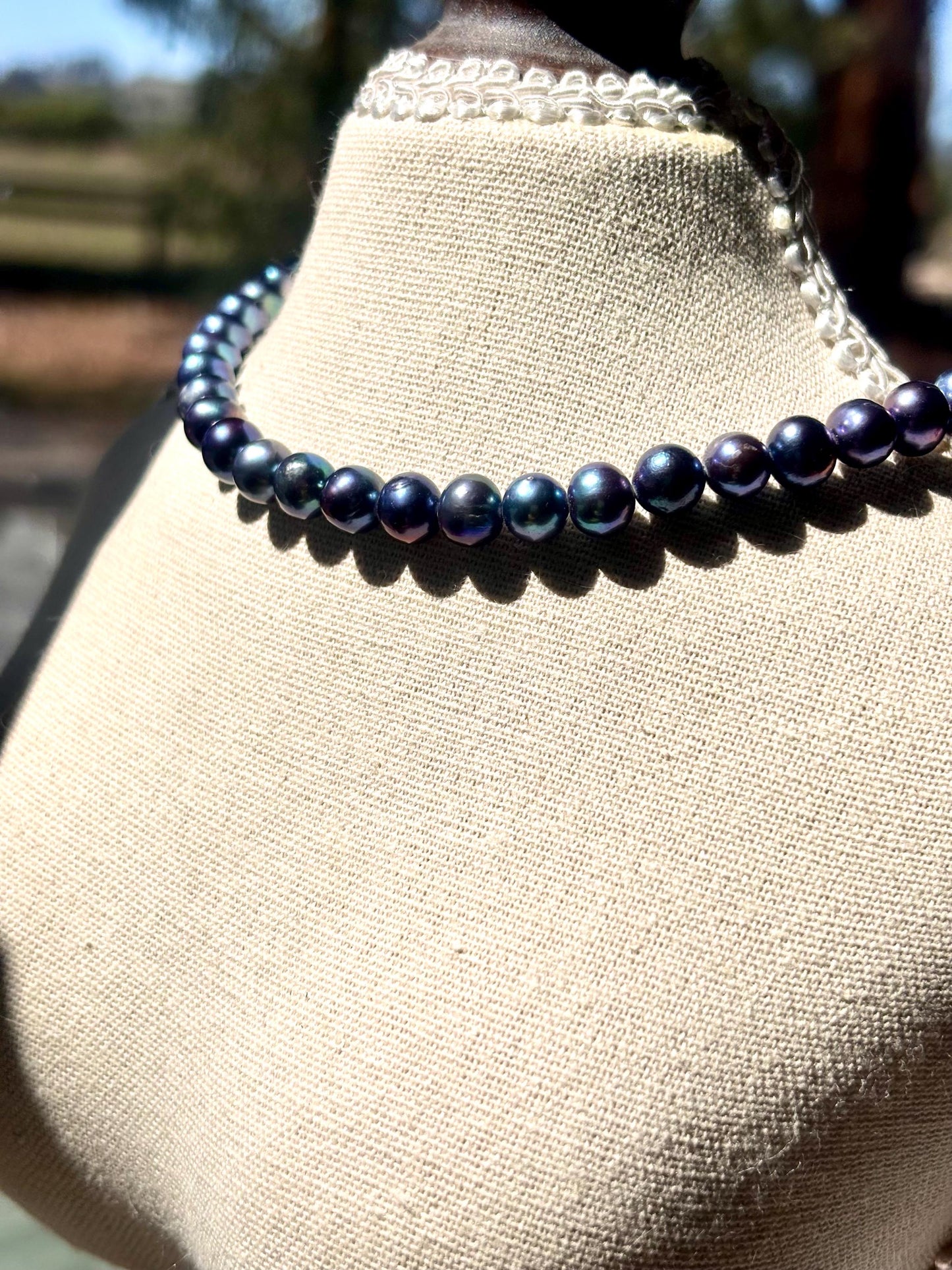 Midnight Tide – Peacock Blue Freshwater Pearl Necklace | Natural Iridescent Pearls | Ocean Inspired Sterling Silver Choker