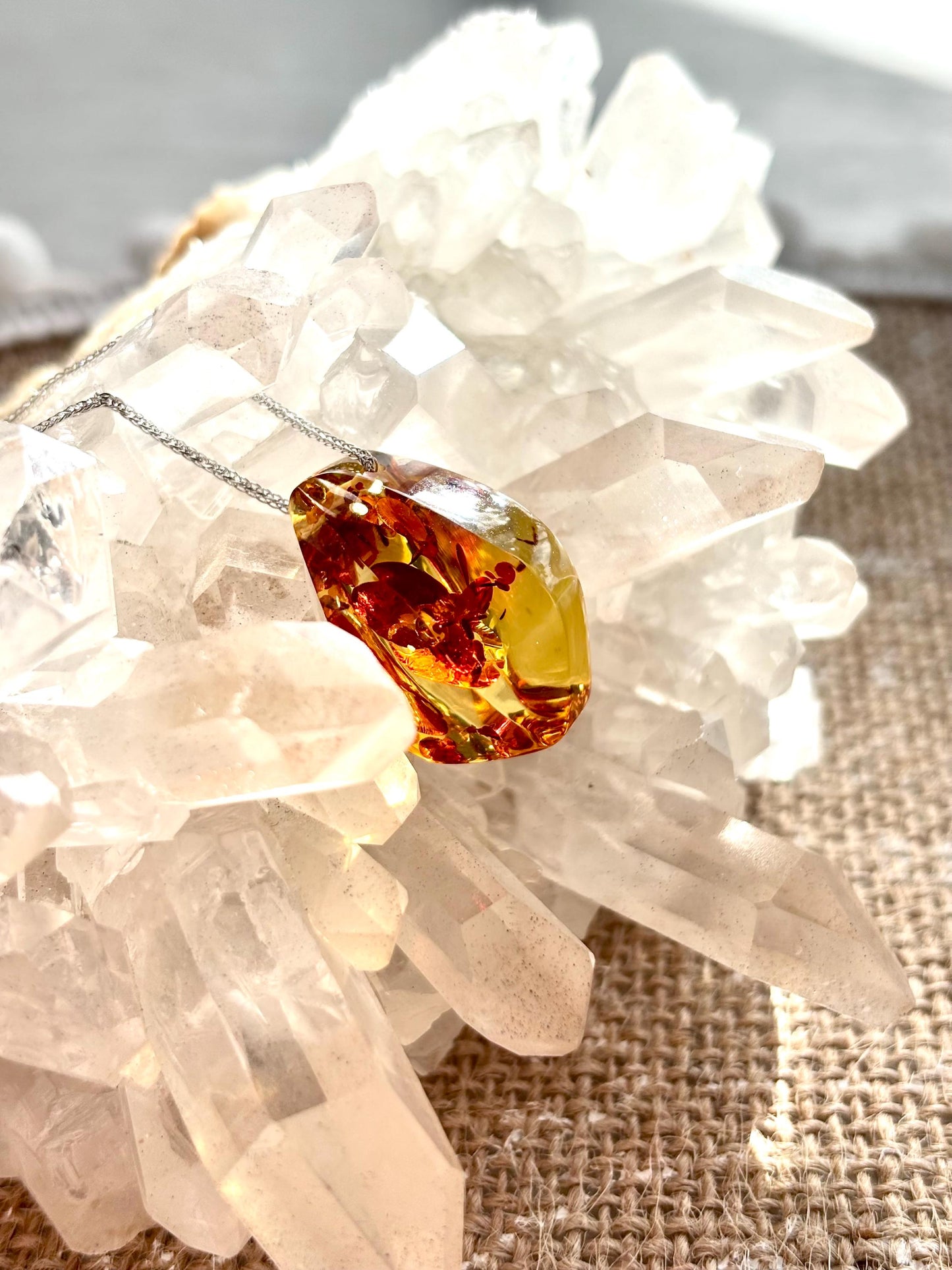 Vivid Leaves Floating Amber Necklace | Natural Baltic Amber Pendant | 925 Sterling Silver Adjustable Necklace | Gift for Her
