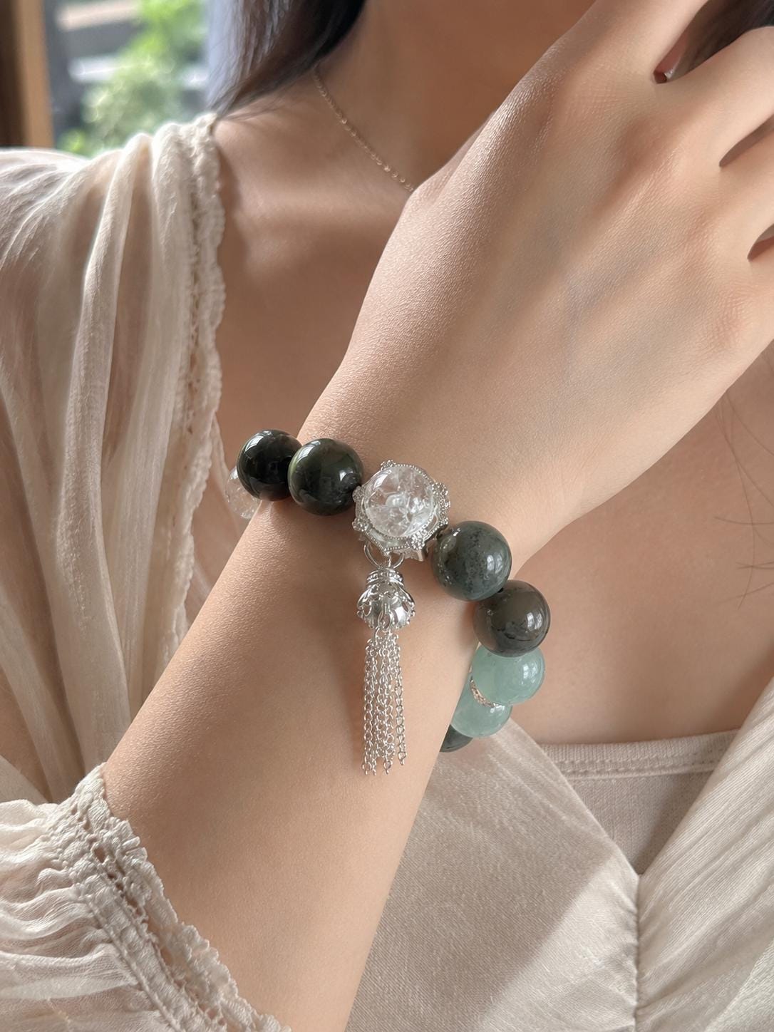Forest Elf Crystal Bracelet | Alashan Agate & Green Fluorite Bracelet | Azeztulite Charm | Spiritual Healing Jewelry | Nature Inspired Gift