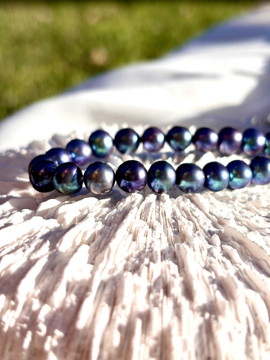 Midnight Tide – Peacock Blue Freshwater Pearl Necklace | Natural Iridescent Pearls | Ocean Inspired Sterling Silver Choker