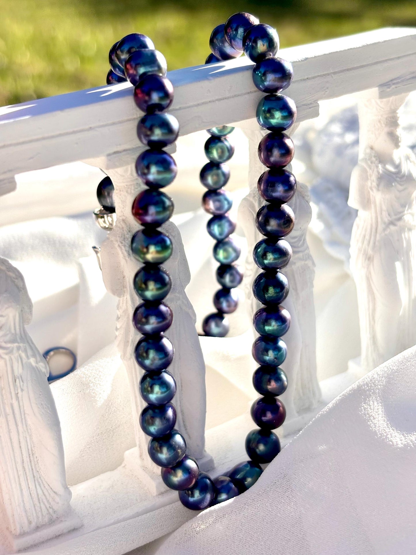 Midnight Tide – Peacock Blue Freshwater Pearl Necklace | Natural Iridescent Pearls | Ocean Inspired Sterling Silver Choker